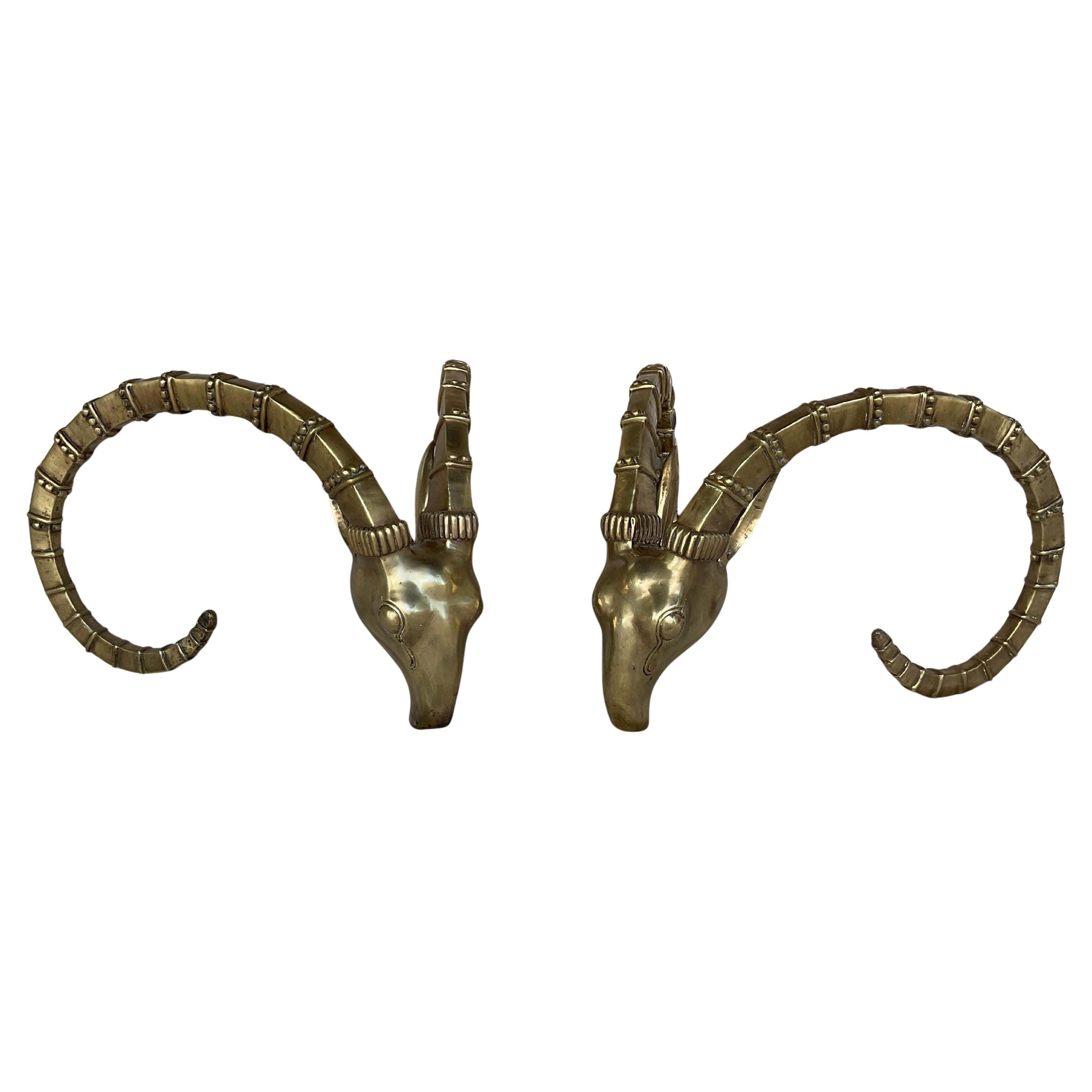 Hollywood Regency Pair of Bronze Ibex Rams Heads Table Base, after Alain Chervet