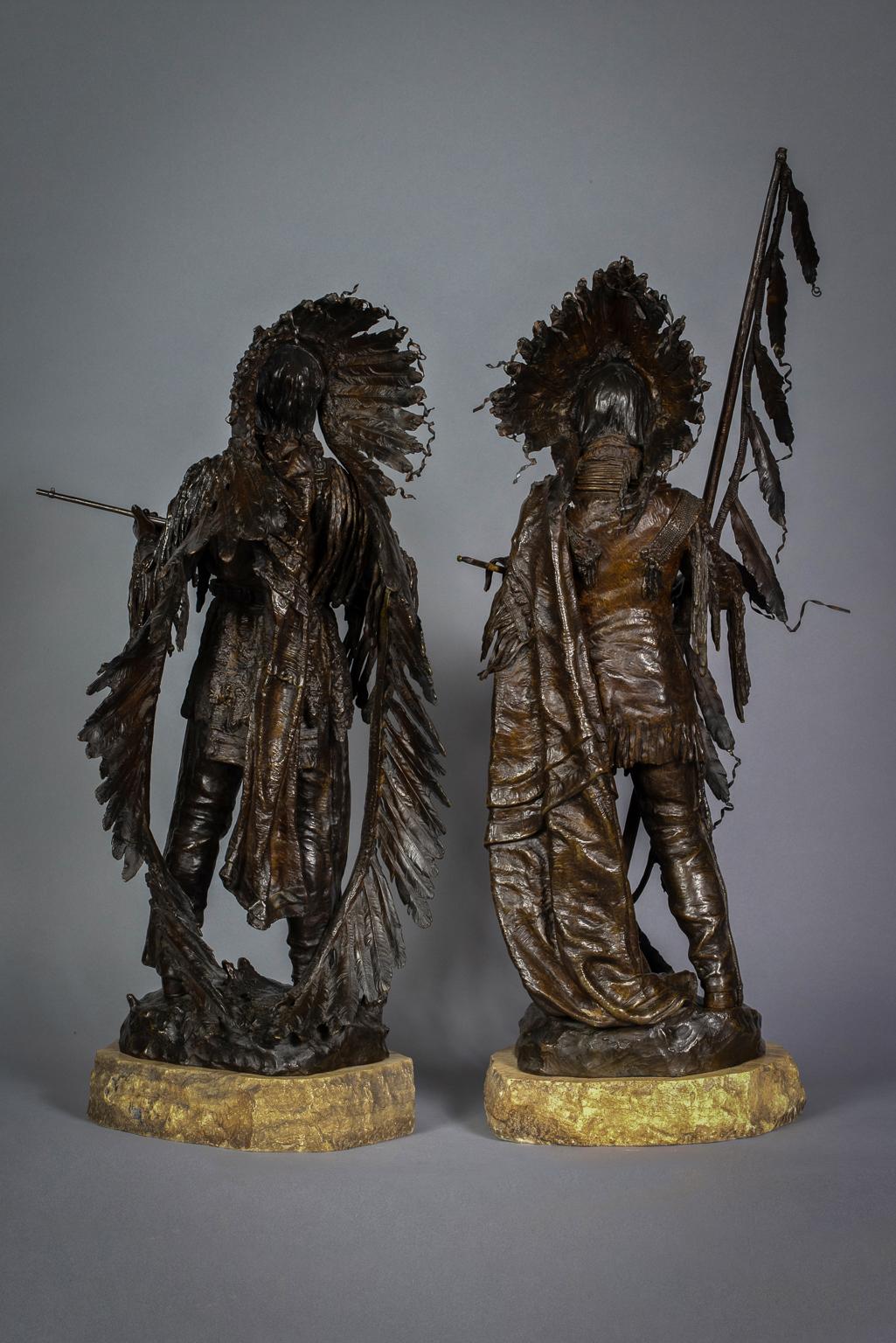 Pair of Bronze Indian Sculptures of 'War and Peace', by Carl Kauba For Sale 6