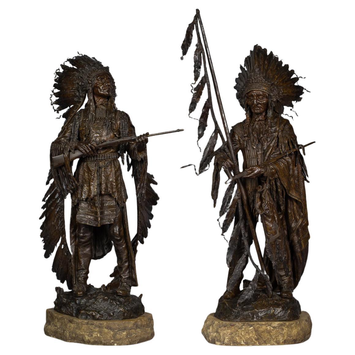Pair of Bronze Indian Sculptures of 'War and Peace', by Carl Kauba For Sale