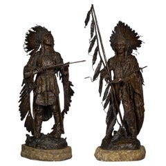 Pair of Bronze Indian Sculptures of 'War and Peace', by Carl Kauba