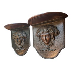 Pair of bronze and iron Versace-style Medusa corbel shelves