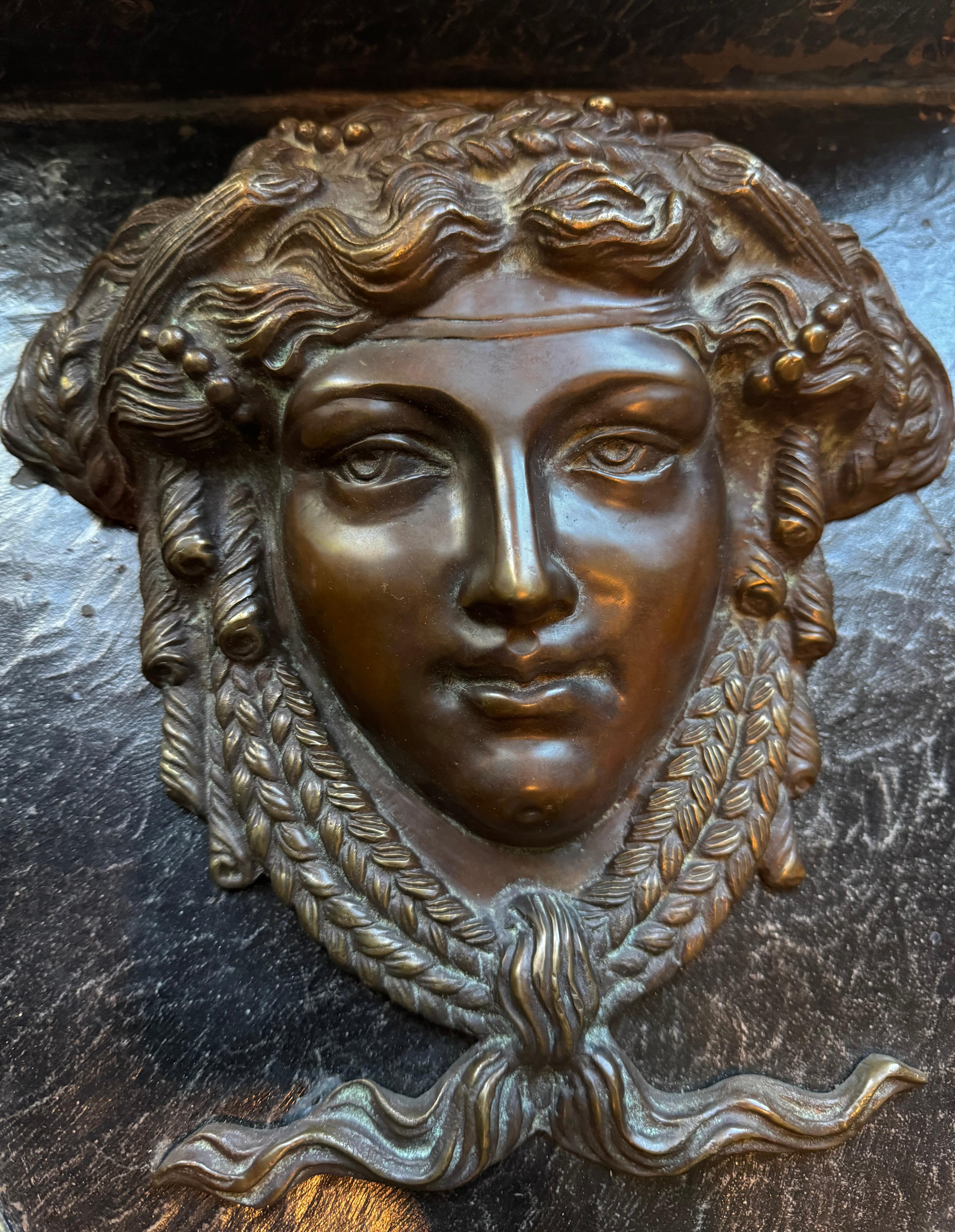 Stained Pair of Bronze & Iron Versace Style Medusa Corbels For Sale