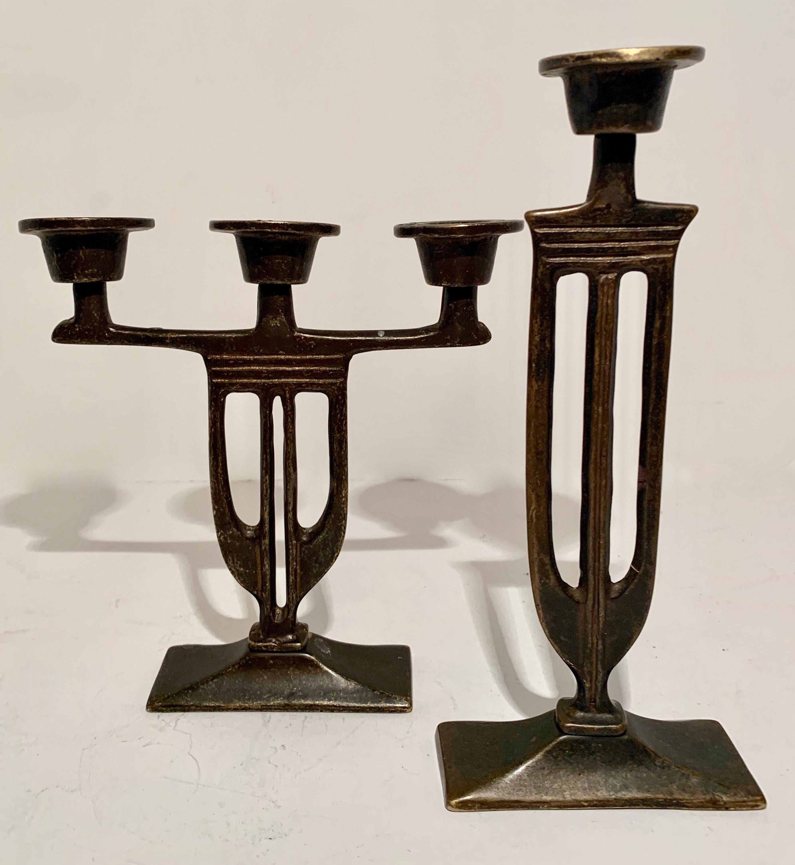 Pair of  Bronze Italian Arts and Crafts Mission Style Candlesticks In Good Condition In Los Angeles, CA