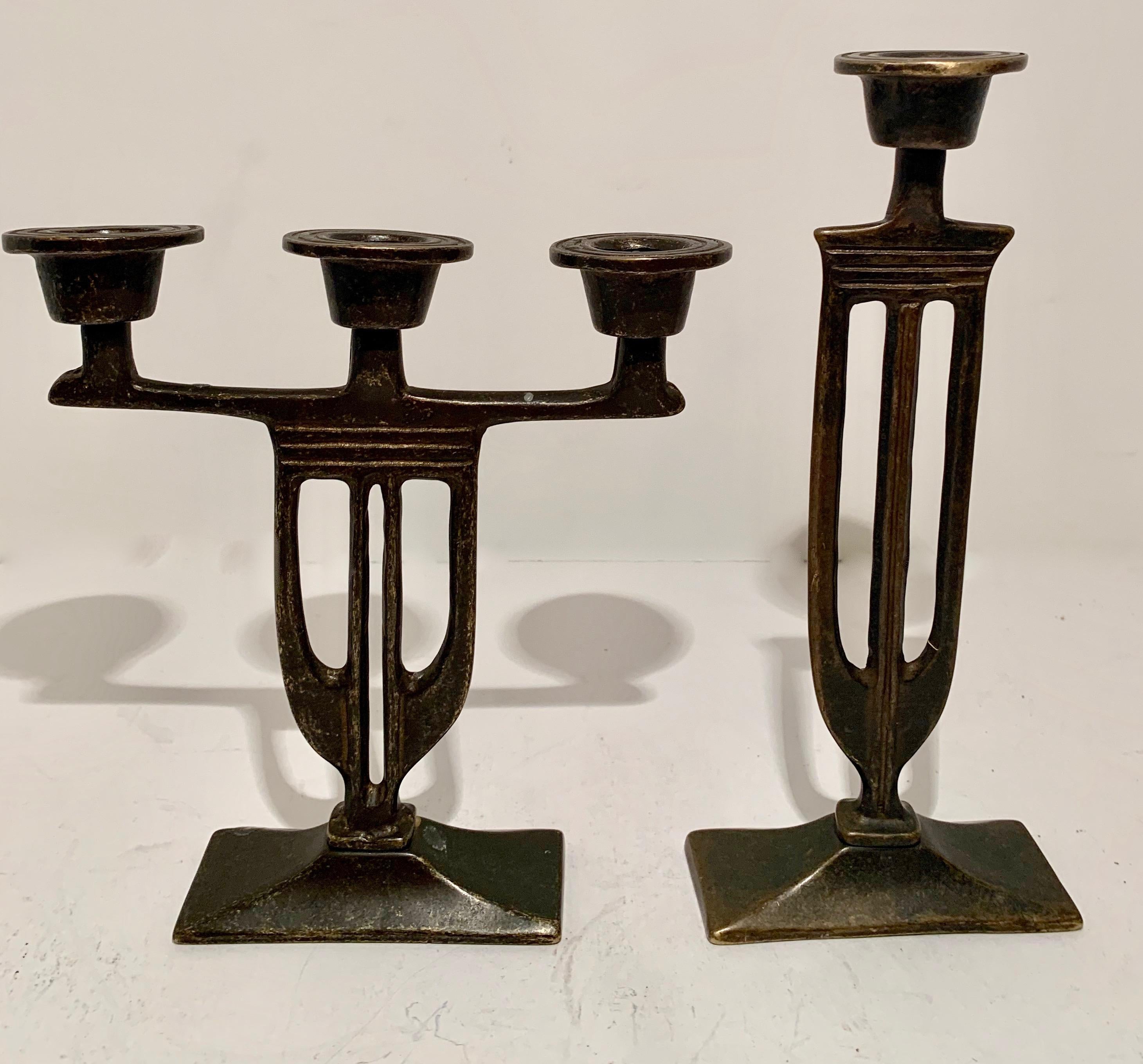 20th Century Pair of  Bronze Italian Arts and Crafts Mission Style Candlesticks