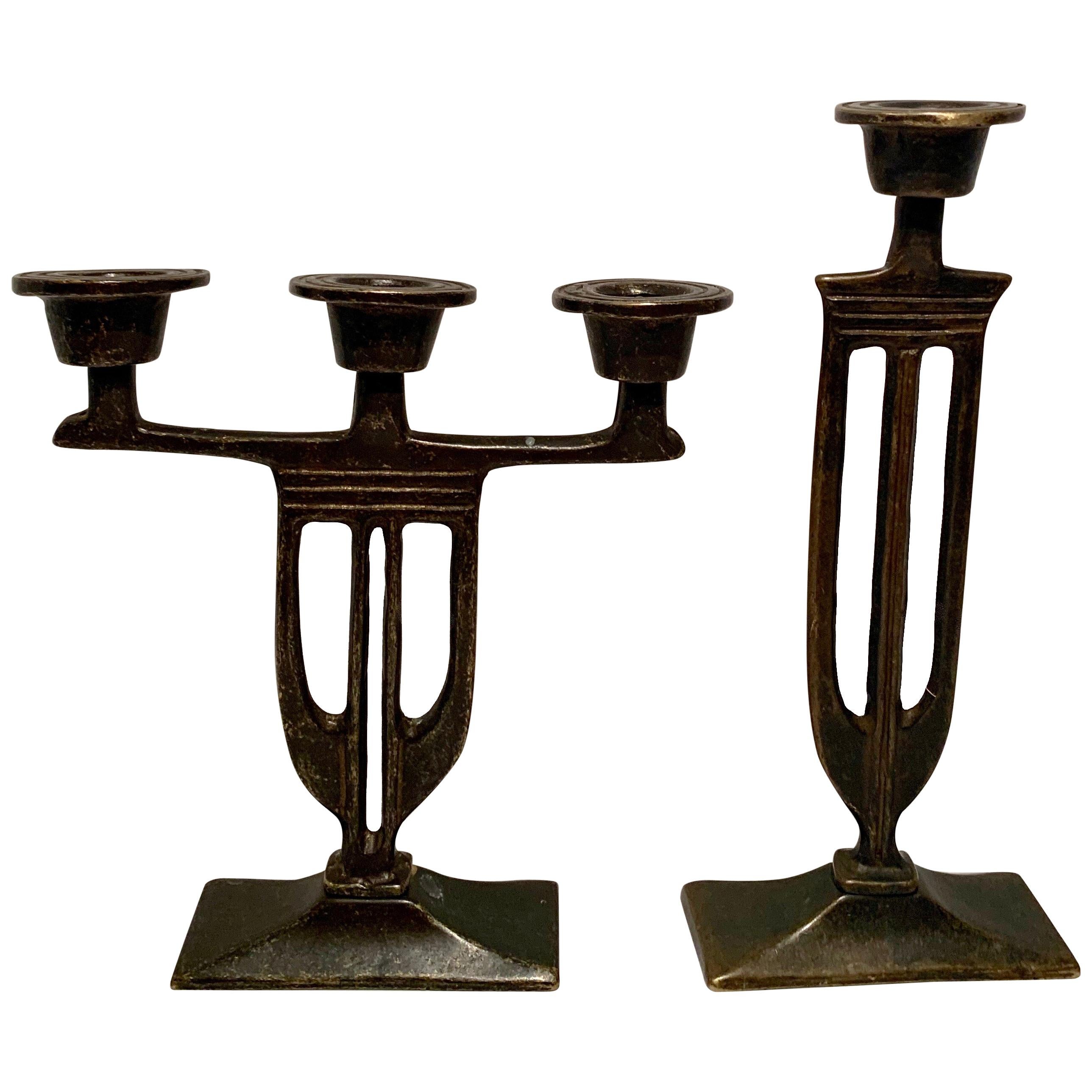 Pair of  Bronze Italian Arts and Crafts Mission Style Candlesticks