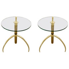Pair of Bronze Italian Murano Tubular Glass and Brass Tripod Side or End Tables