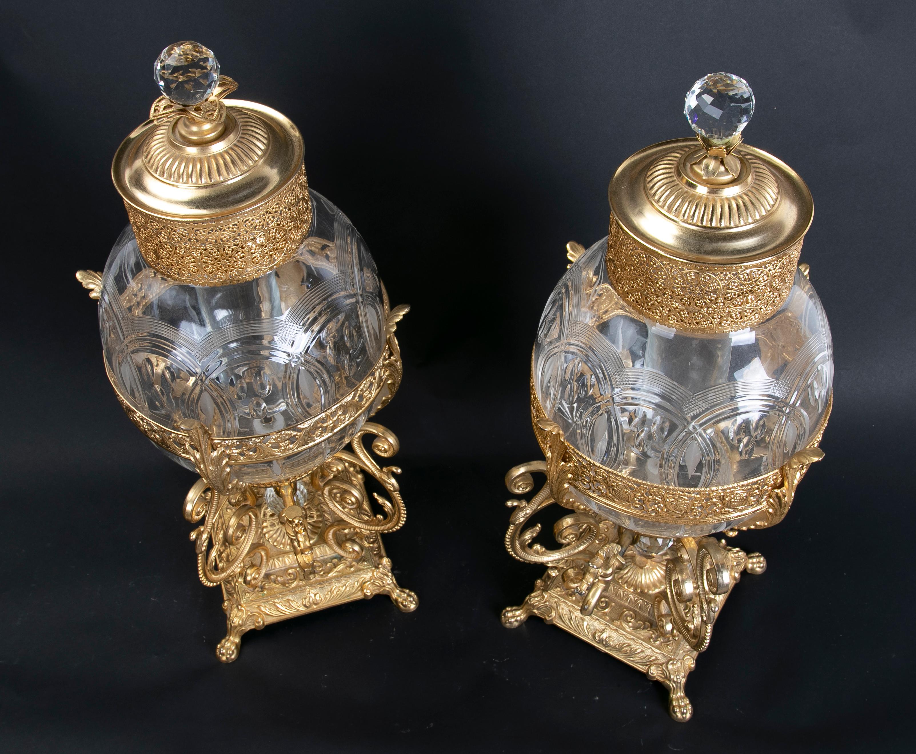 Pair of Bronze Jars Holding Lidded Glass Container 9