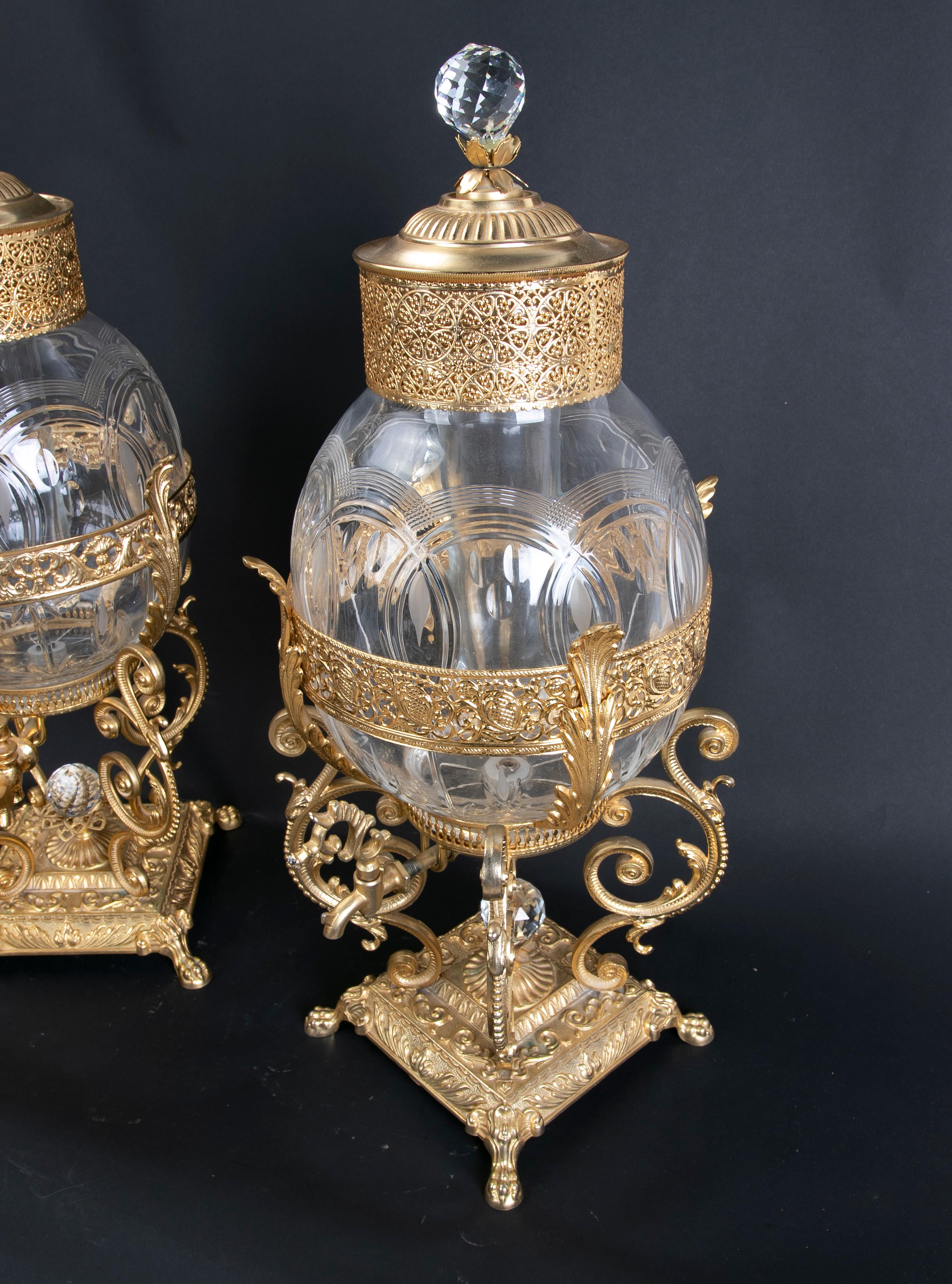 Spanish Pair of Bronze Jars Holding Lidded Glass Container