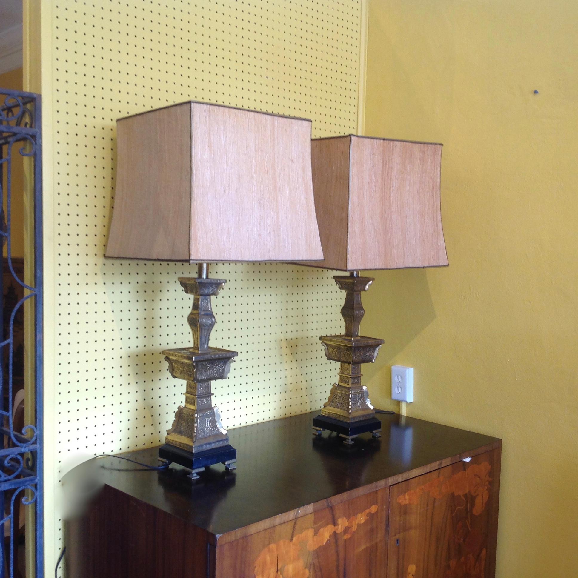 Grand scale in the form of temple candlesticks. They are fitted with original 