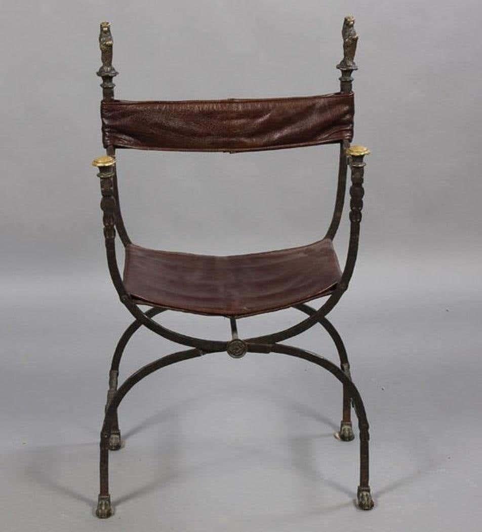 Baroque Pair of Bronze Leather and Iron Campaign Chairs
