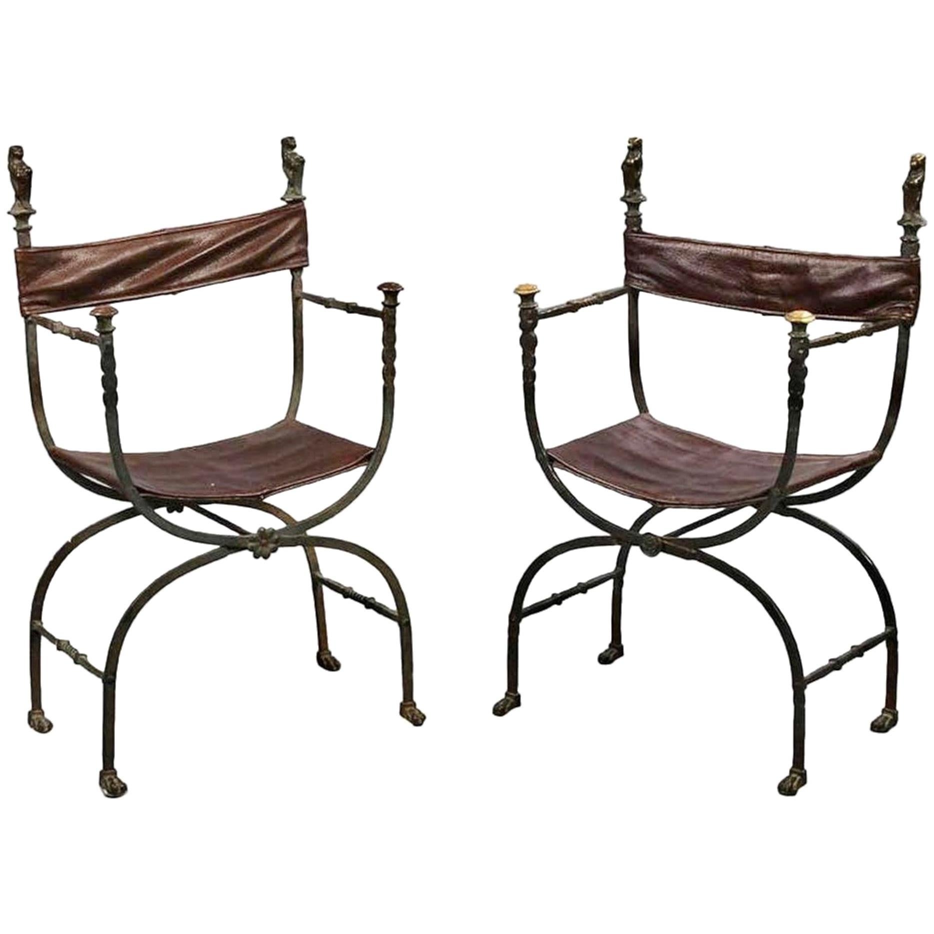 Pair of Bronze Leather and Iron Campaign Chairs