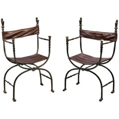 Paire de chaises de campagne en cuir et fer bronze