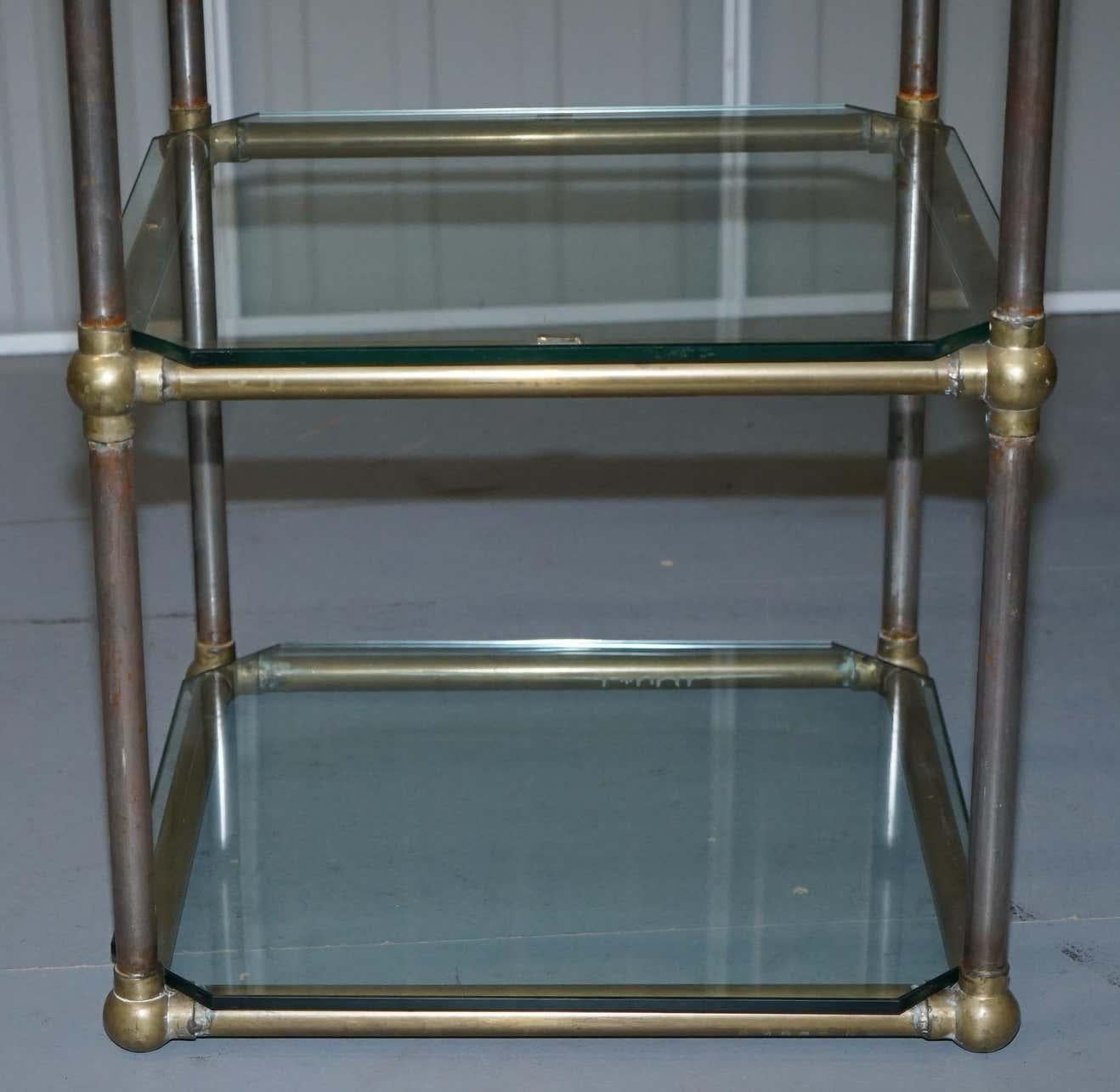 Hand-Crafted Pair of Bronze Liberty of London Etagere Retail Shop Display Racks Glass Shelves