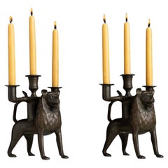Pair of Bronze Lion Candelabras, Germany circa 1894