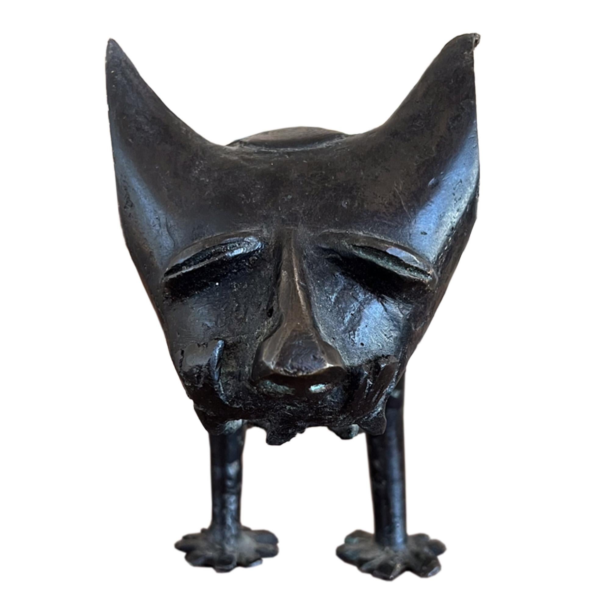 Folk Art Pair of Bronze Lion Sculptures in the Benin Style, 1960s