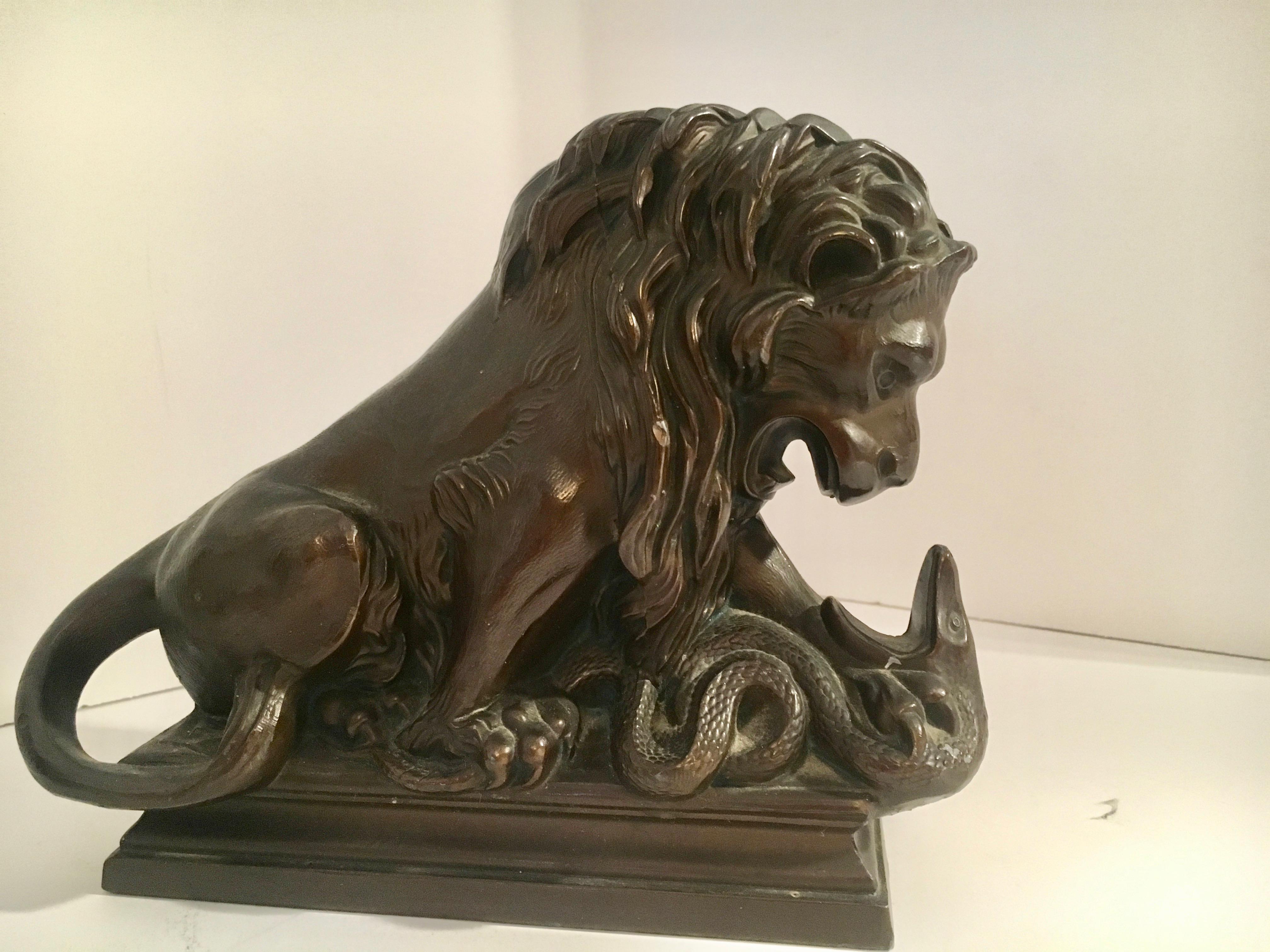 French Pair of Bronze Lion Wrestling with Serpent Bookends