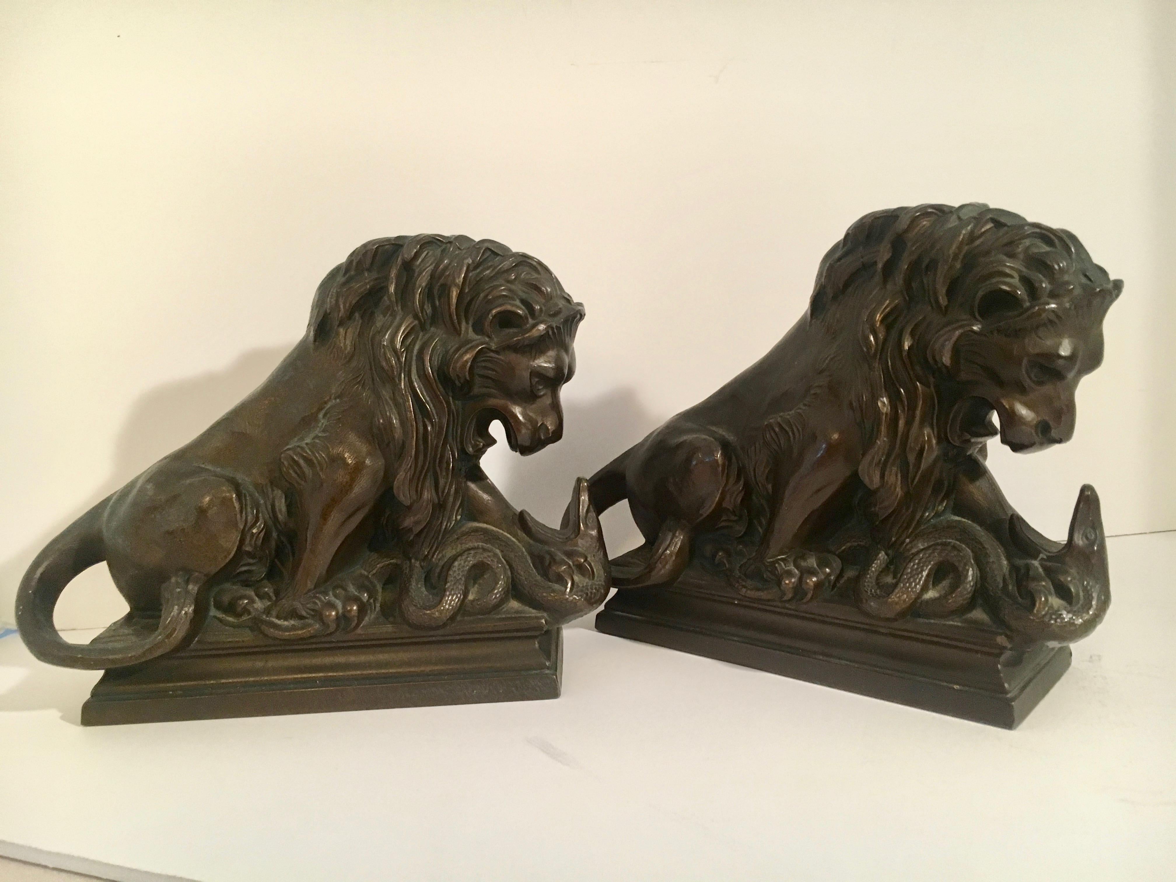 20th Century Pair of Bronze Lion Wrestling with Serpent Bookends