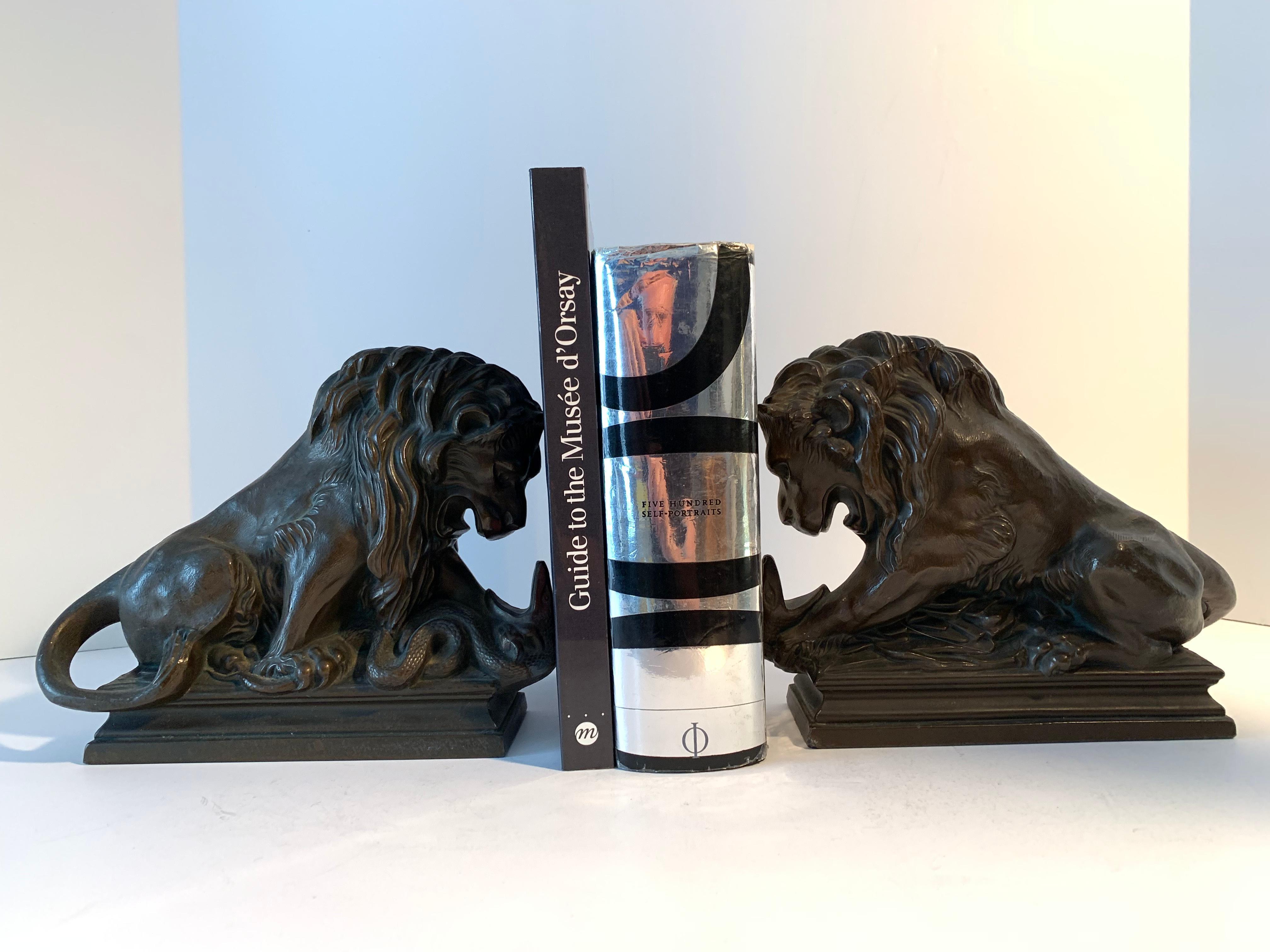 Metal Pair of Bronze Lion Wrestling with Serpent Bookends