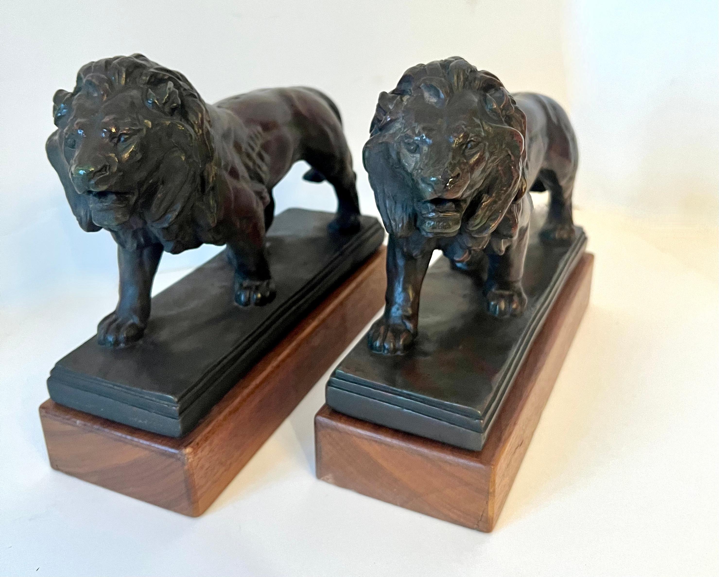 20th Century Pair of Bronze Lions on Wood Base