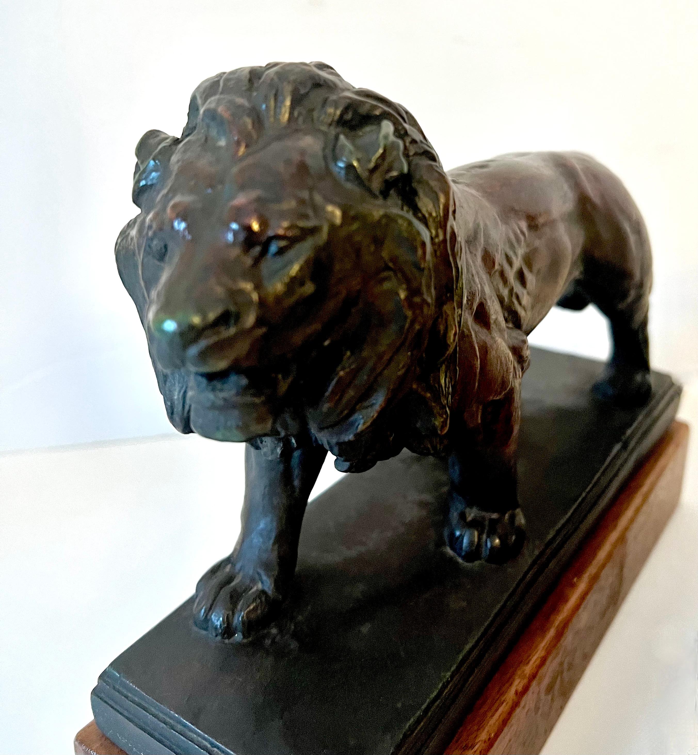 Pair of Bronze Lions on Wood Base 1