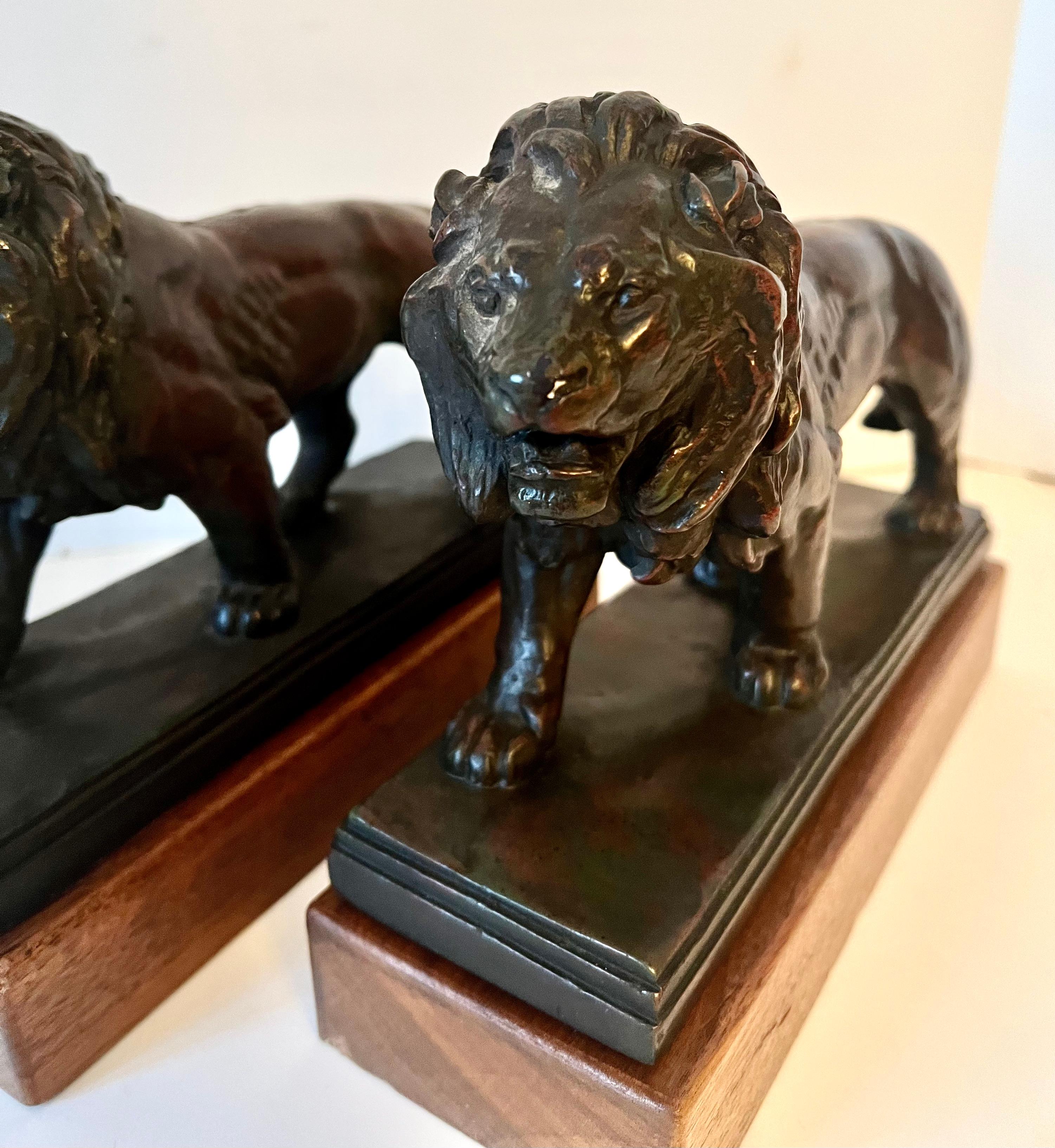 Pair of Bronze Lions on Wood Base 2