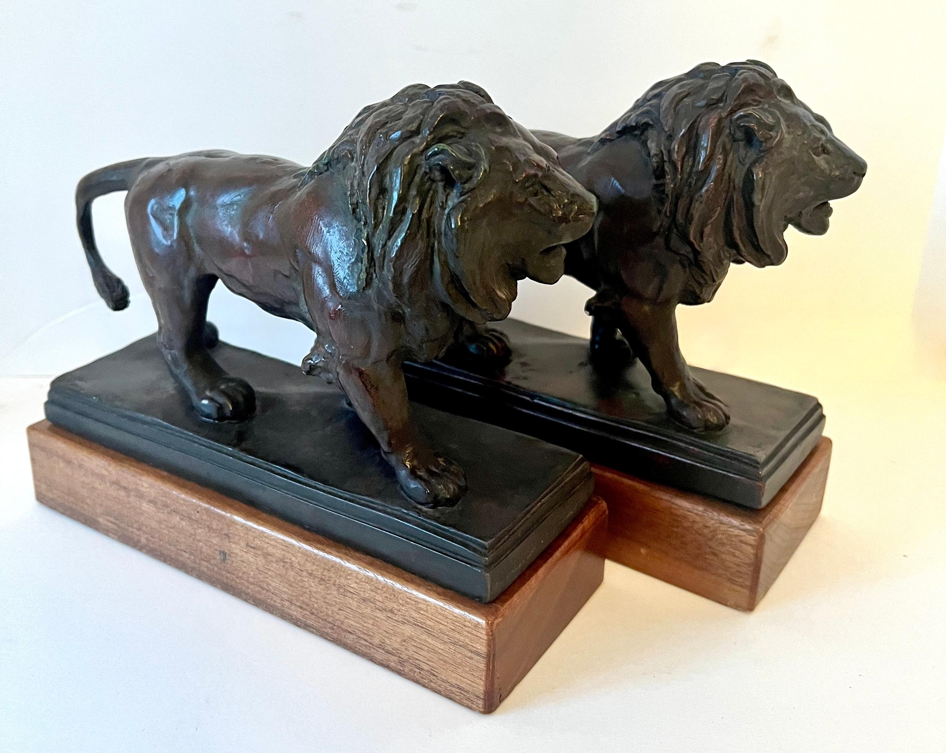Pair of Bronze Lions on Wood Base 3