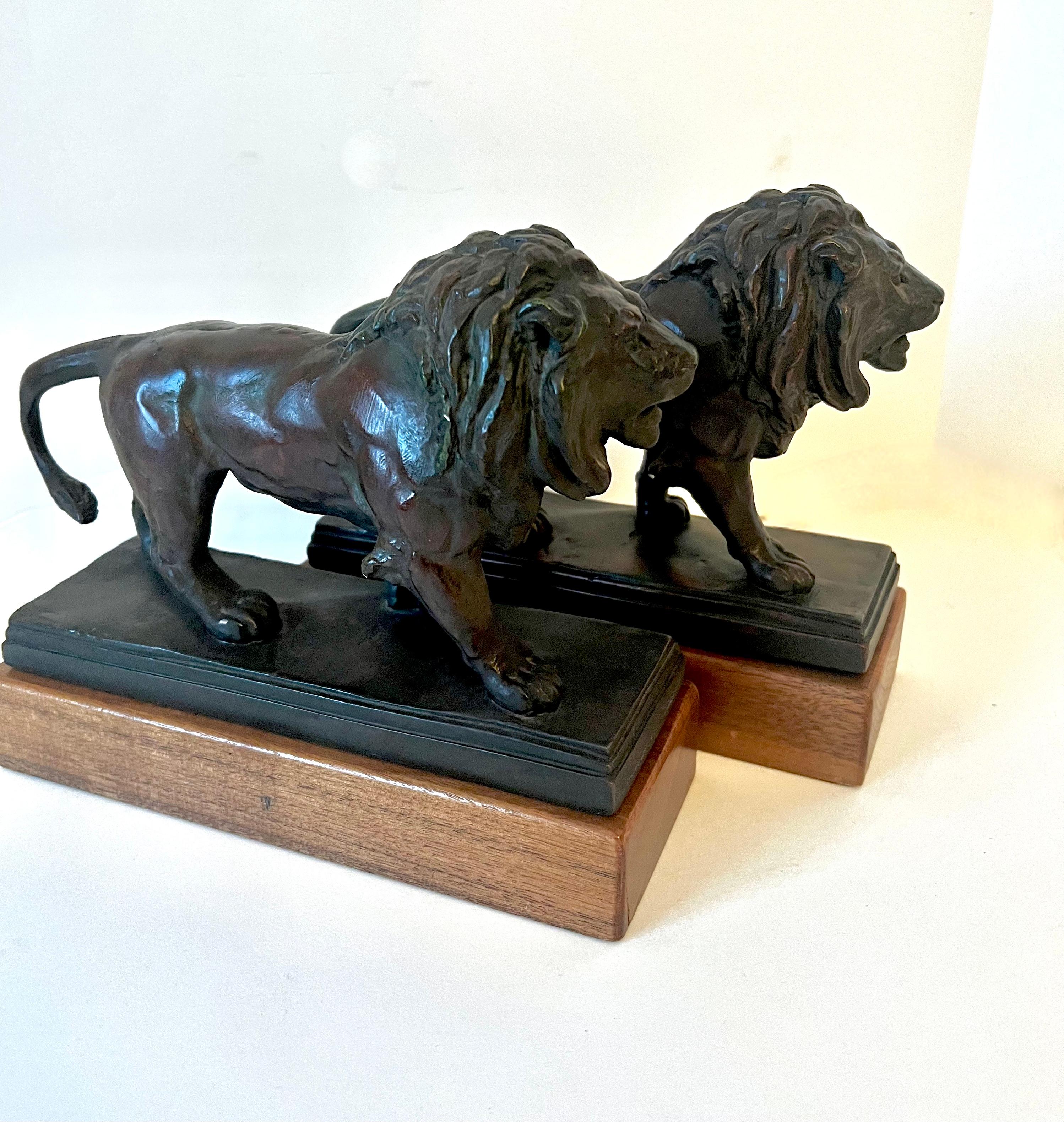 Pair of Bronze Lions on Wood Base 4