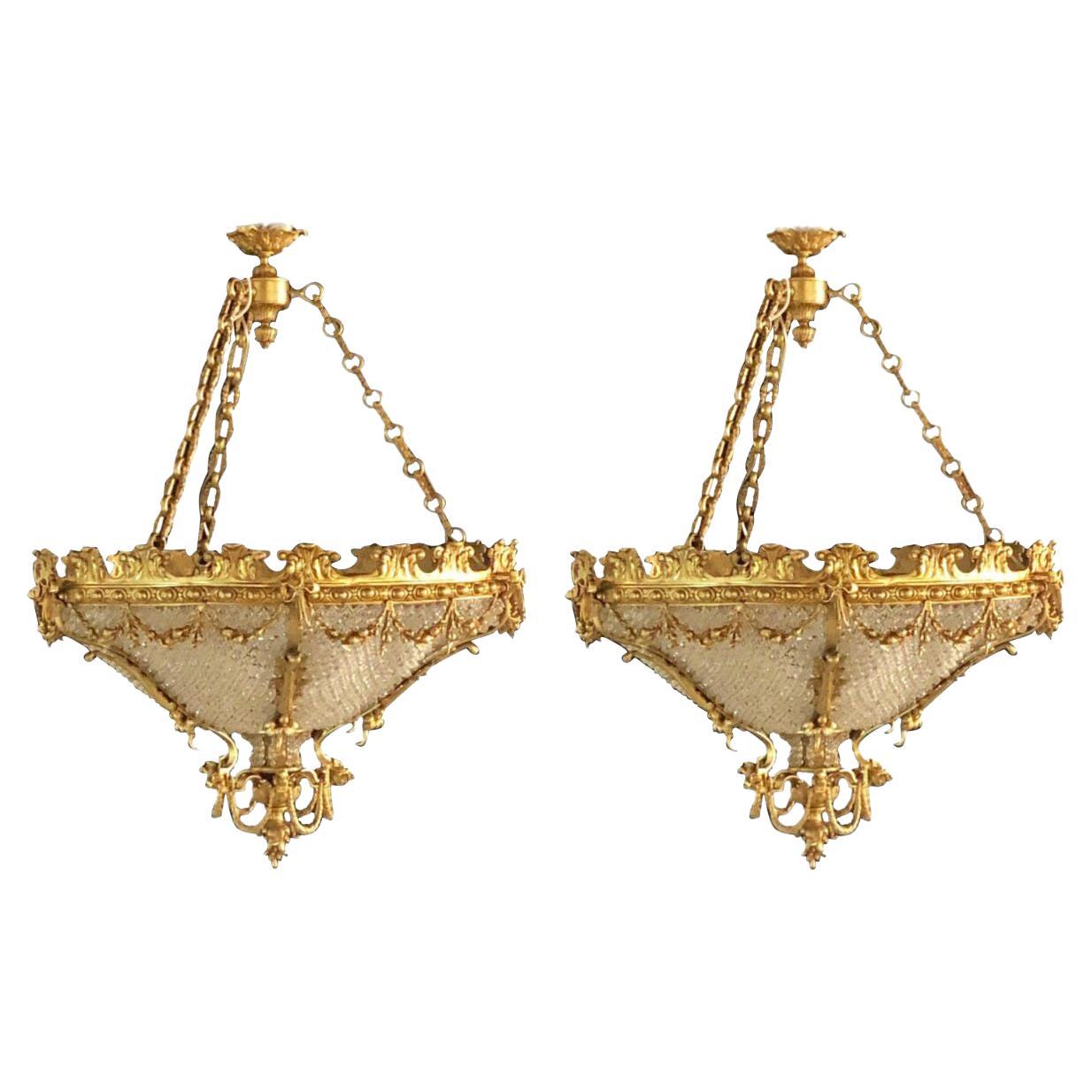 Louis XVI Style, Large Chandeliers, Gold, Bronze, Brass, Crystal, Europe, 1940s For Sale