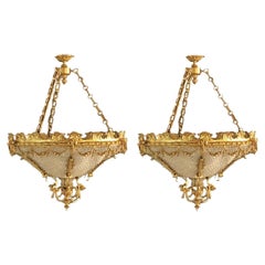 Retro Louis XVI Style, Large Chandeliers, Gold, Bronze, Brass, Crystal, Europe, 1940s
