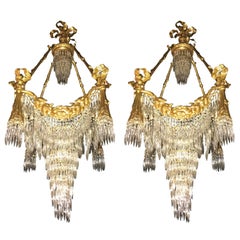 Vintage Pair of Bronze Louis XVI Style Crystal Ribbon and Tassle Drapery Chandeliers
