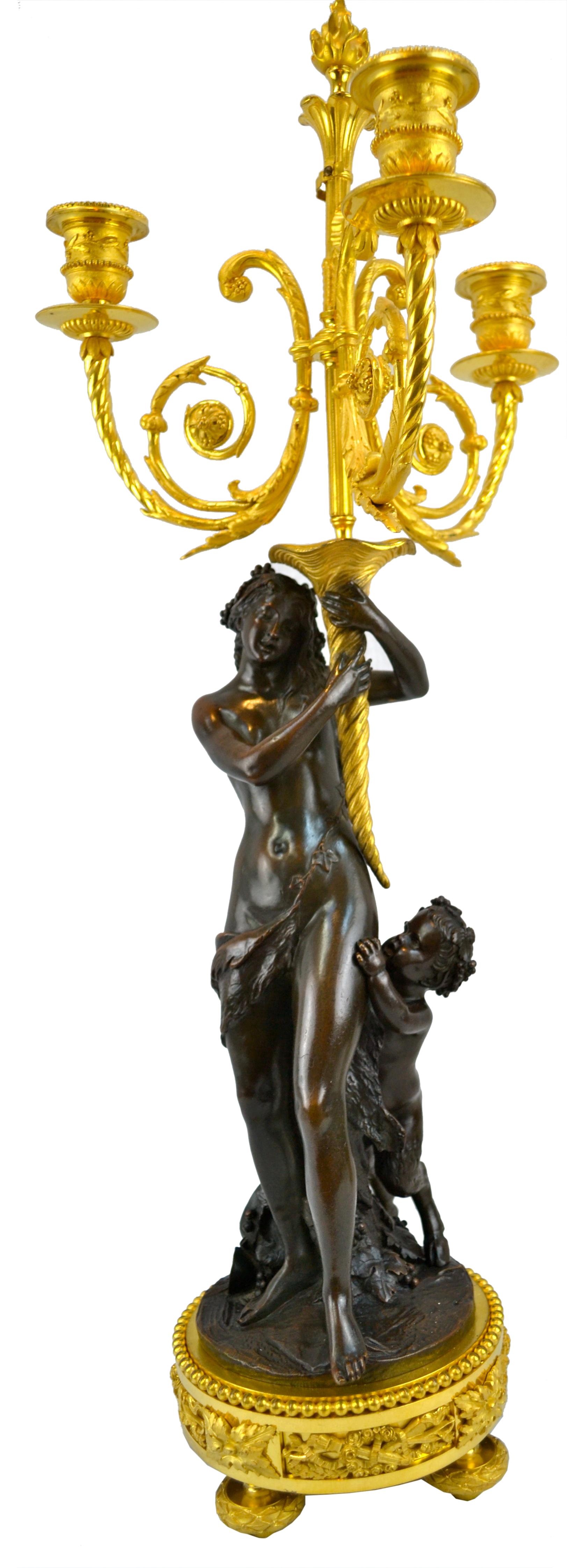 19th Century Pair of Bronze French Louis XVI Style Figural Candelabra After Clodion For Sale