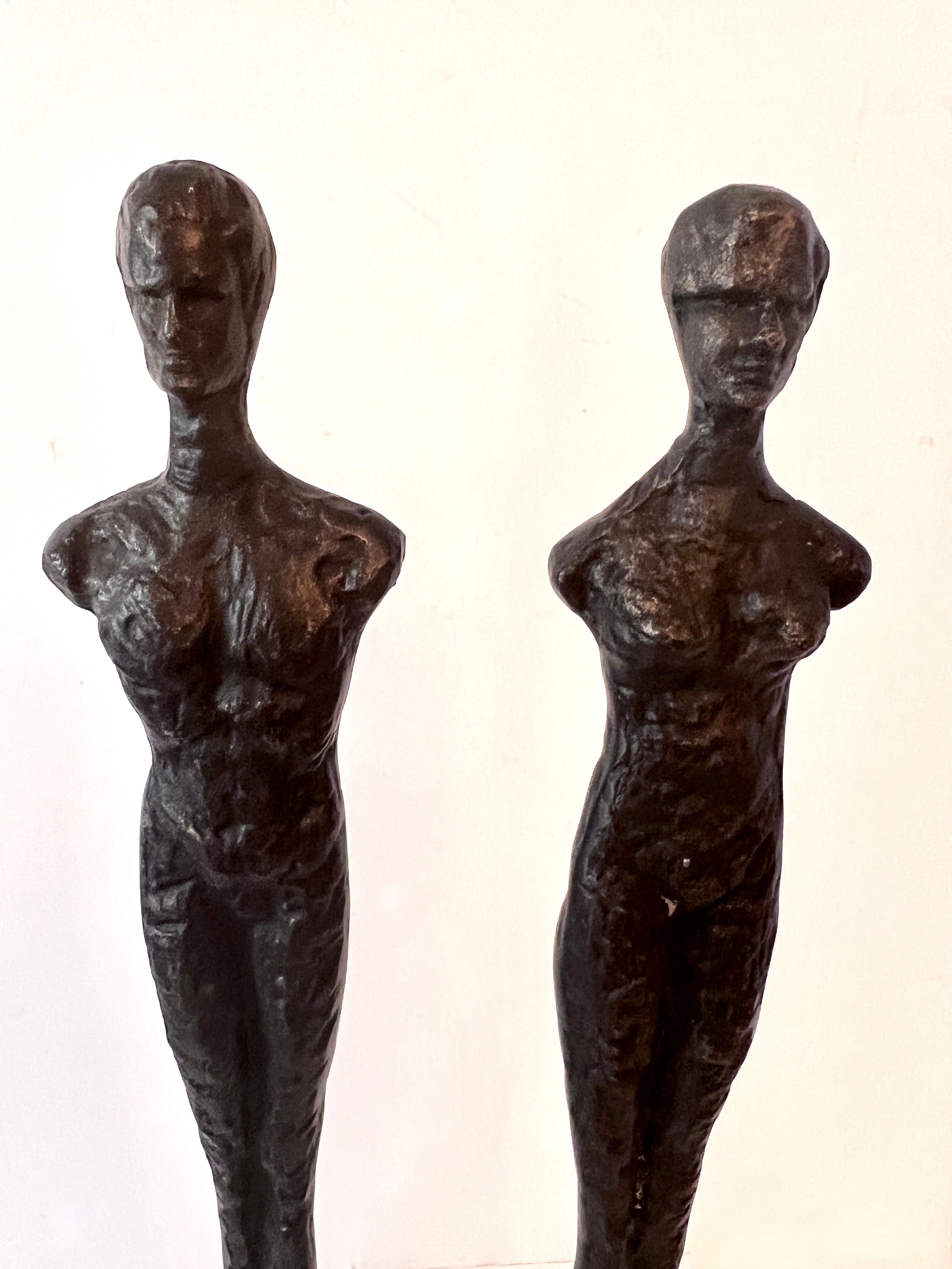 Hand-Crafted Pair of Bronze Male and Female Bronze Sculptures in the Style of Giacometti 