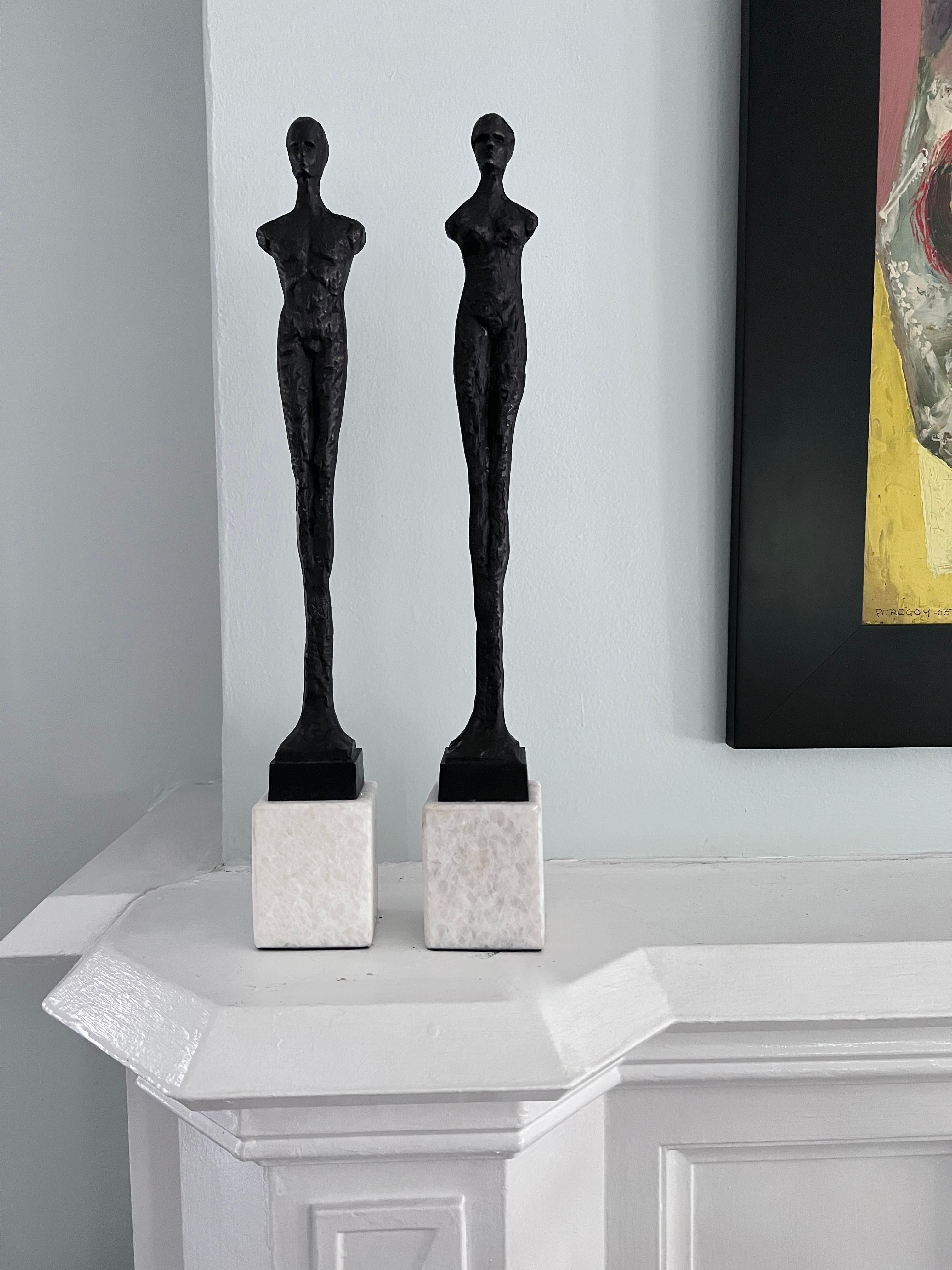 Pair of Bronze Male and Female Bronze Sculptures in the Style of Giacometti  1