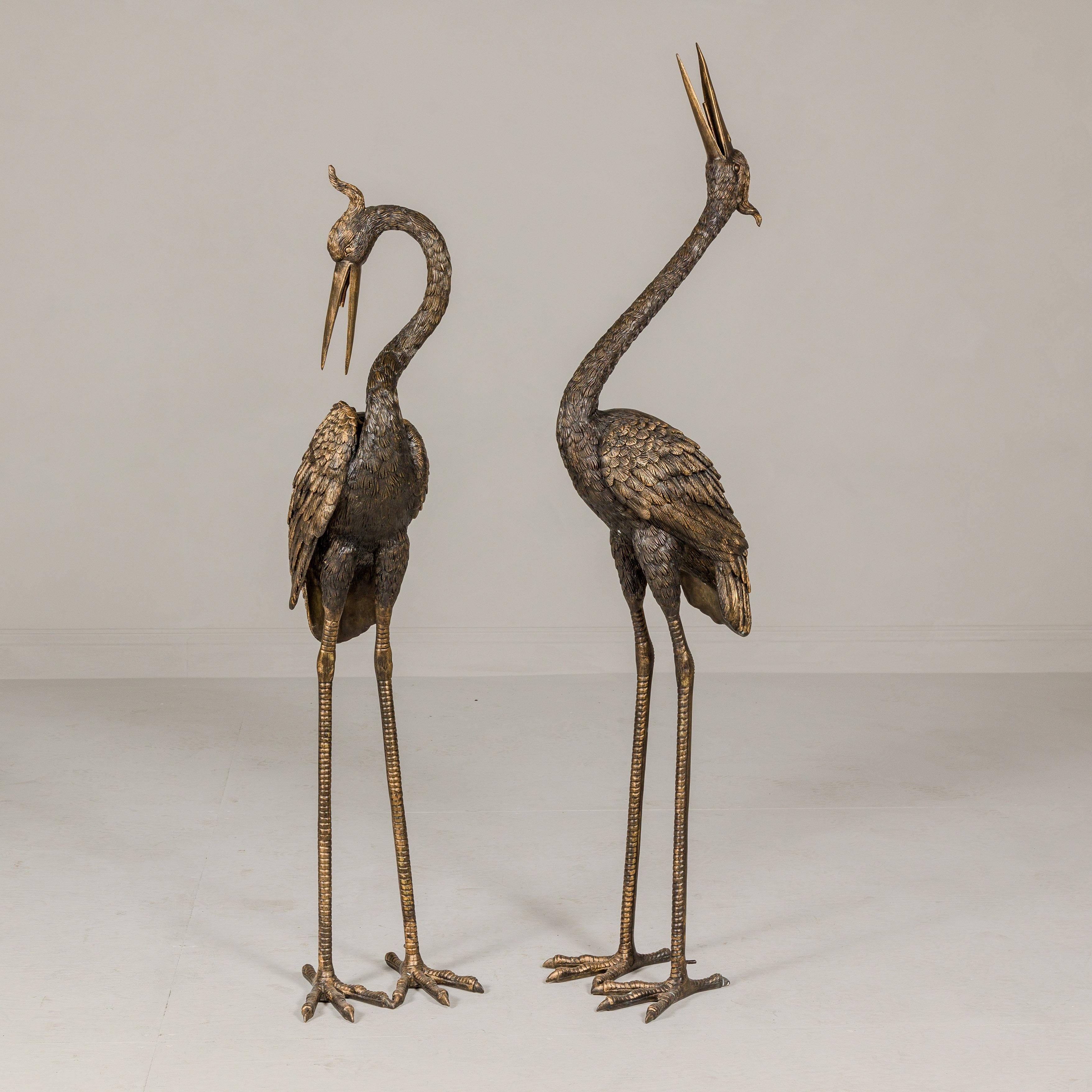 A pair of bronze Manchurian red crested crane sculptures in golden patina, tubed as fountains. Immerse yourself in the elegance and tranquility of these bronze Manchurian red-crested crane sculptures, current productions that bring the timeless