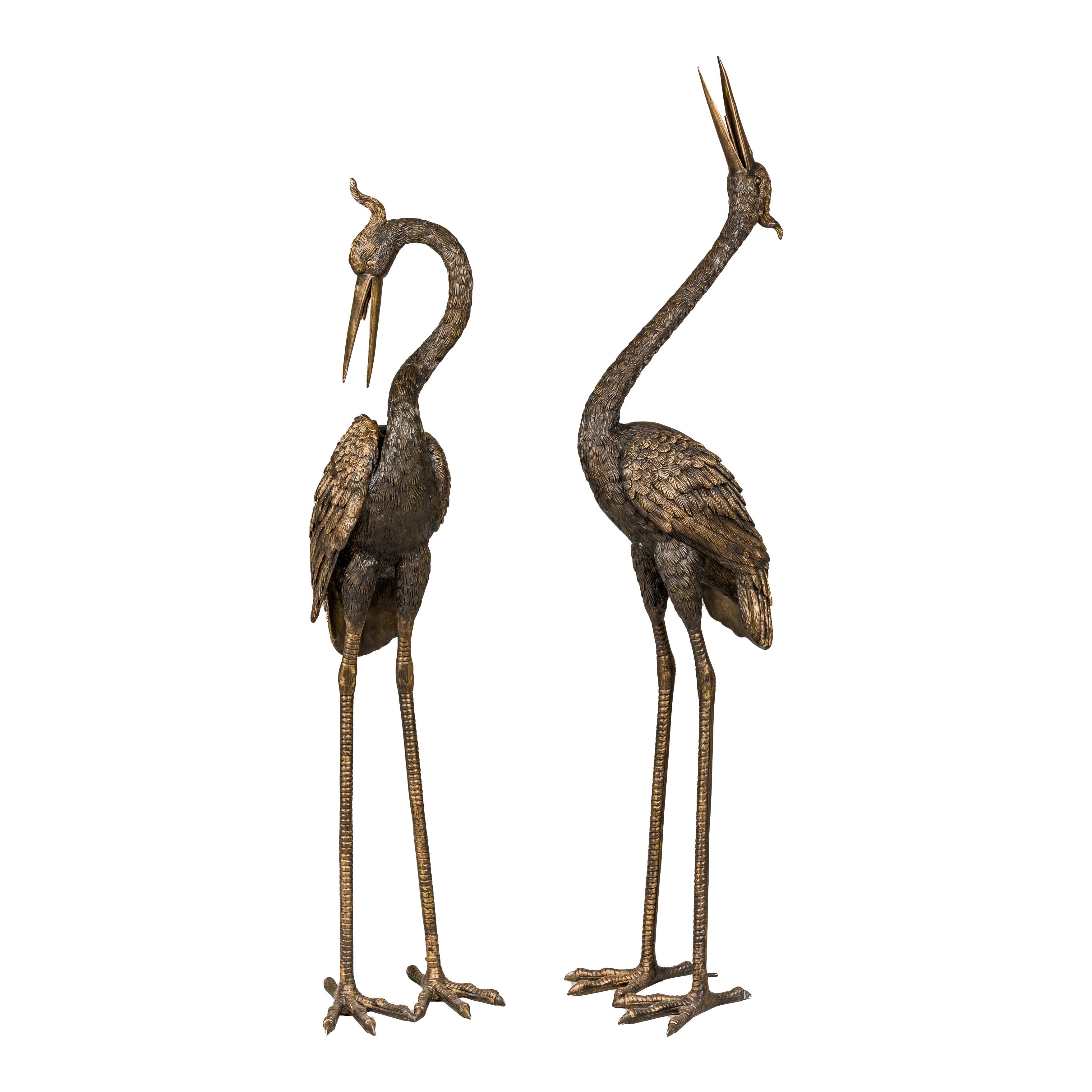 Pair of Bronze Manchurian Red Crested Cranes in Gold Patina, Tubed as Fountains For Sale 13