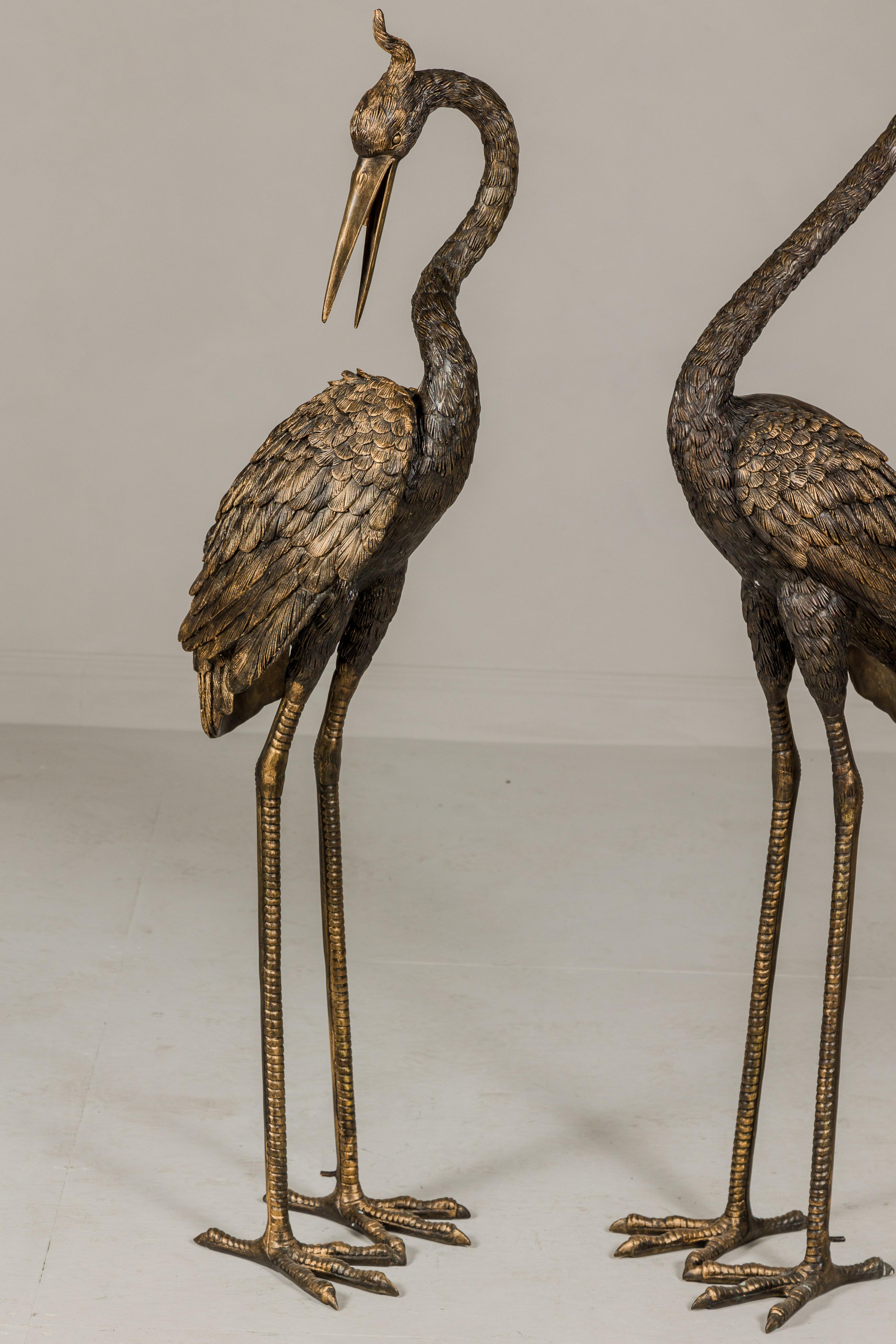 Pair of Bronze Manchurian Red Crested Cranes in Gold Patina, Tubed as Fountains In New Condition For Sale In Yonkers, NY