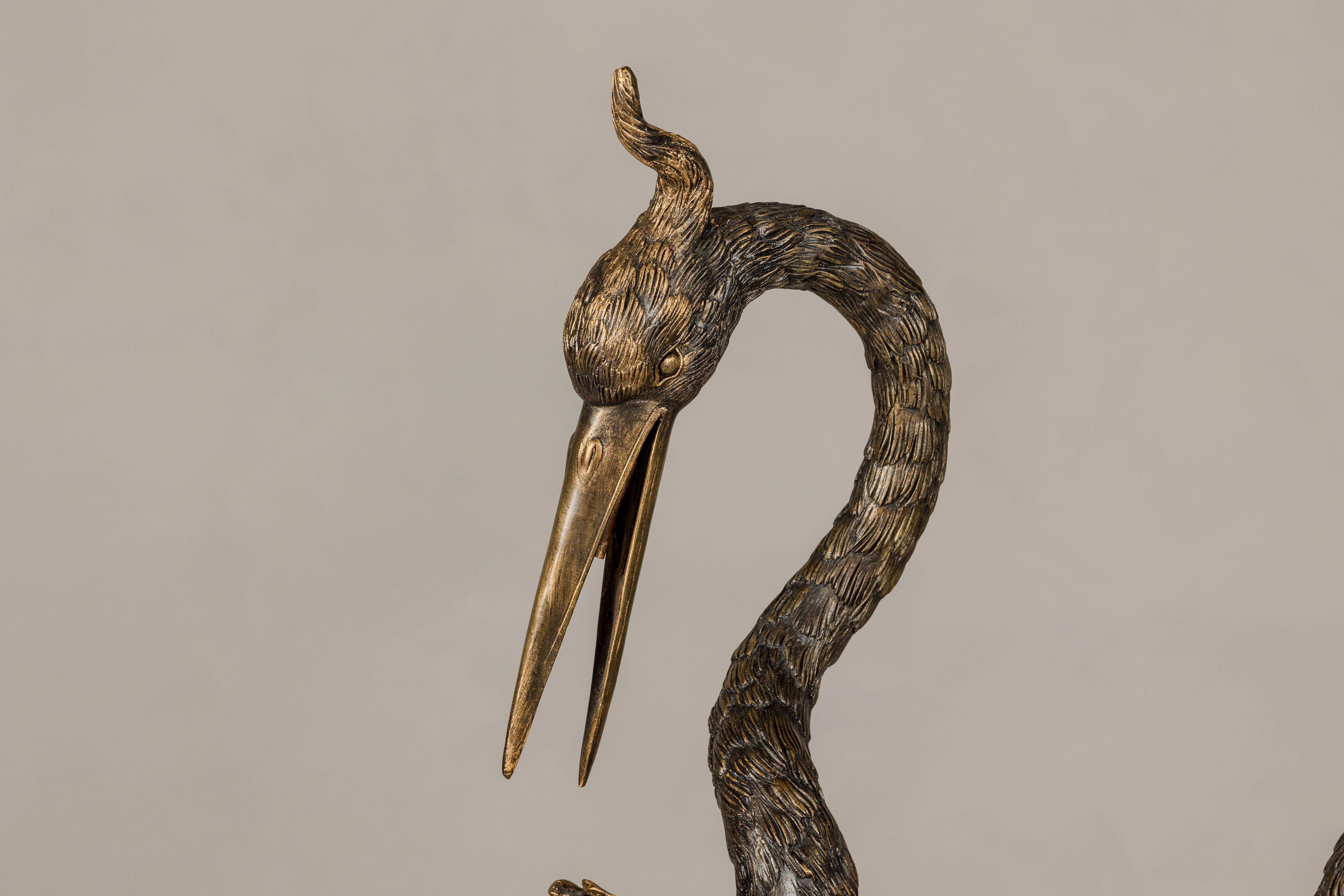 Cast Pair of Red Crested Bronze Heron Statues, Tubed as Fountains