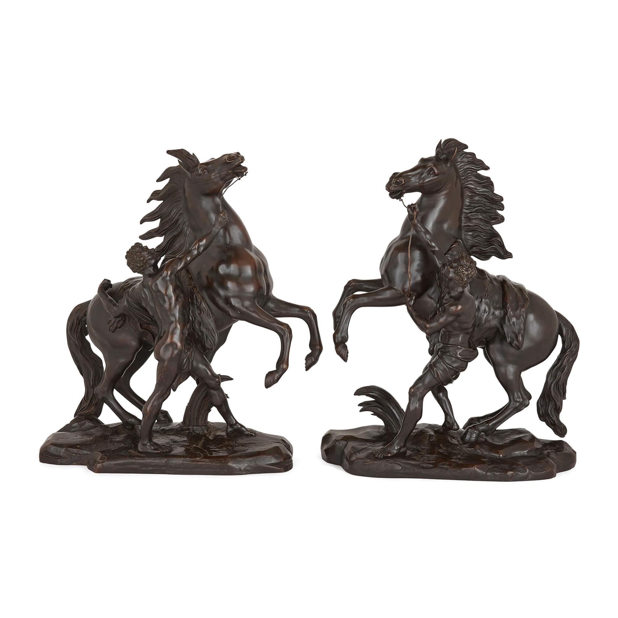 Louis XV Pair of Bronze Marly Horses on Boulle Style Marquetry Stands For Sale