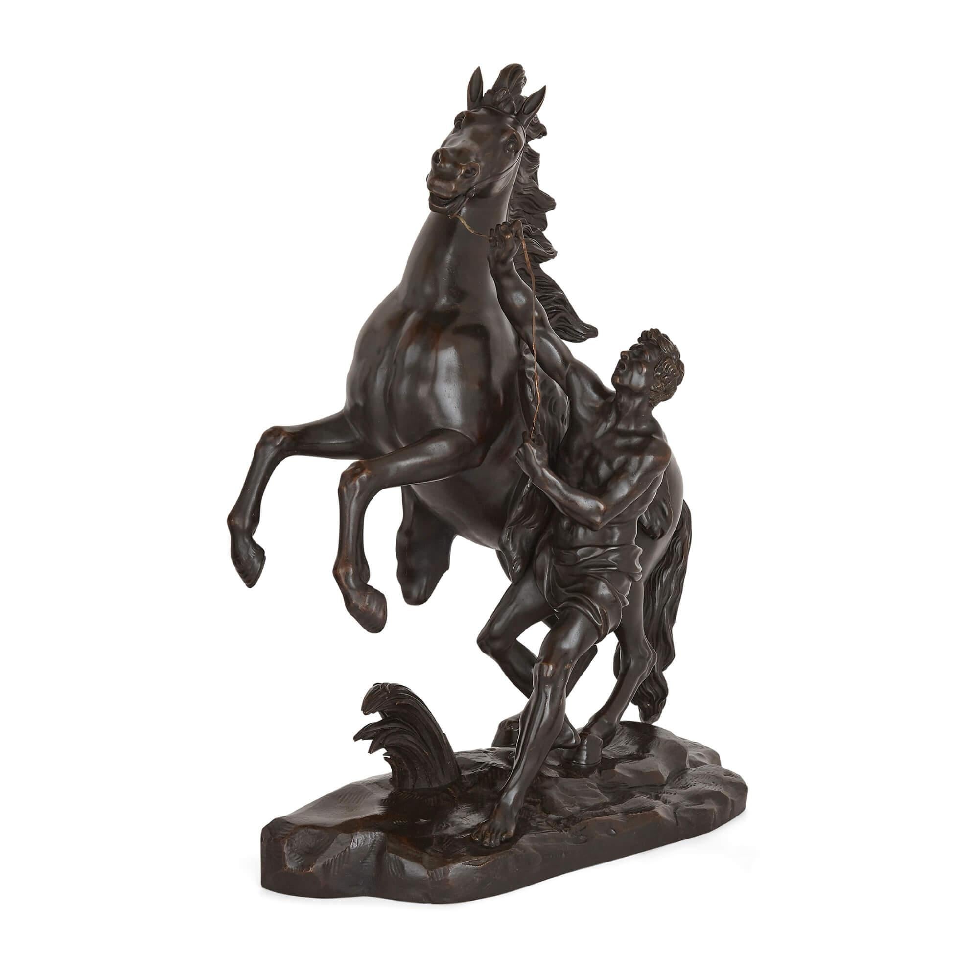 French Pair of Bronze Marly Horses on Boulle Style Marquetry Stands For Sale