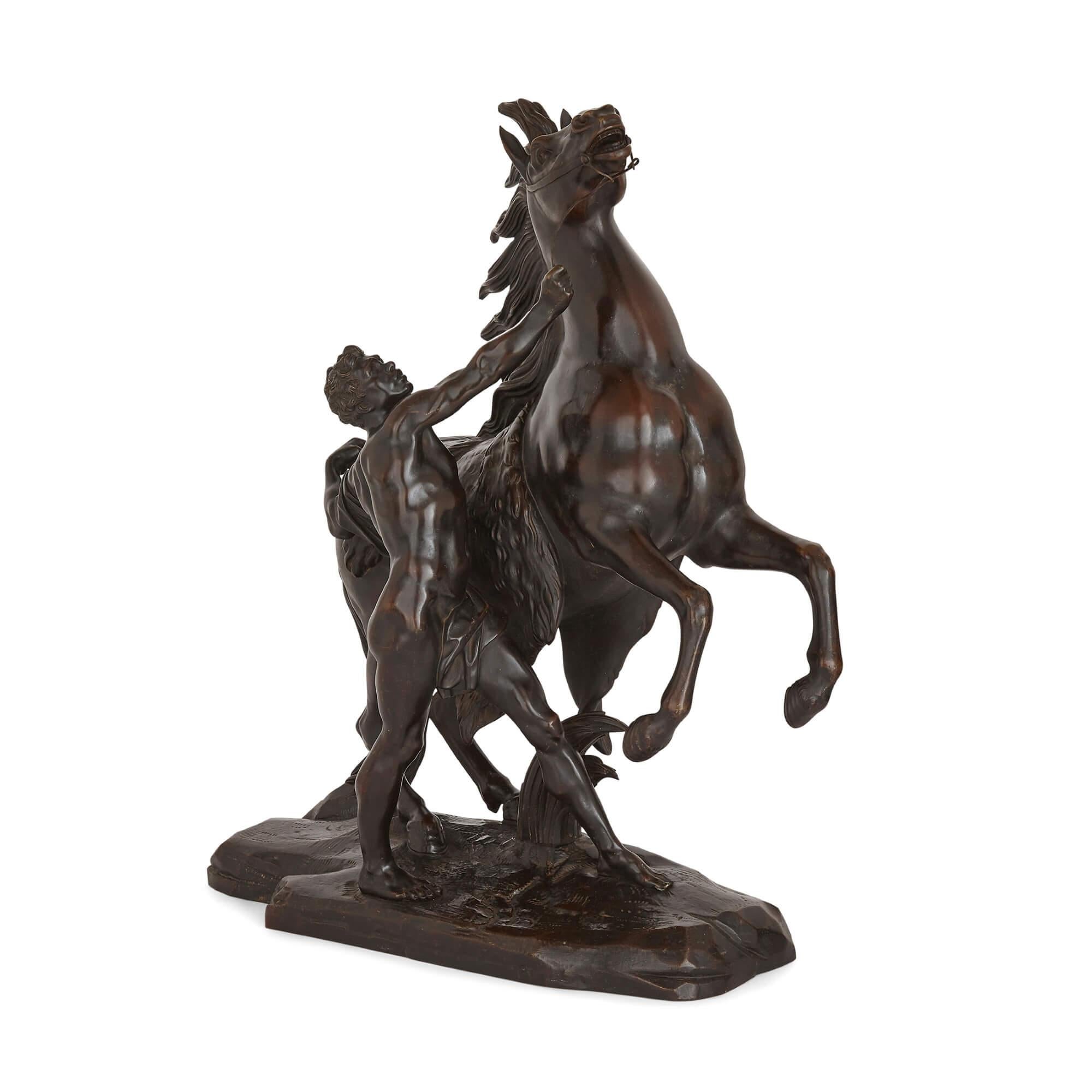 Ebonized Pair of Bronze Marly Horses on Boulle Style Marquetry Stands For Sale