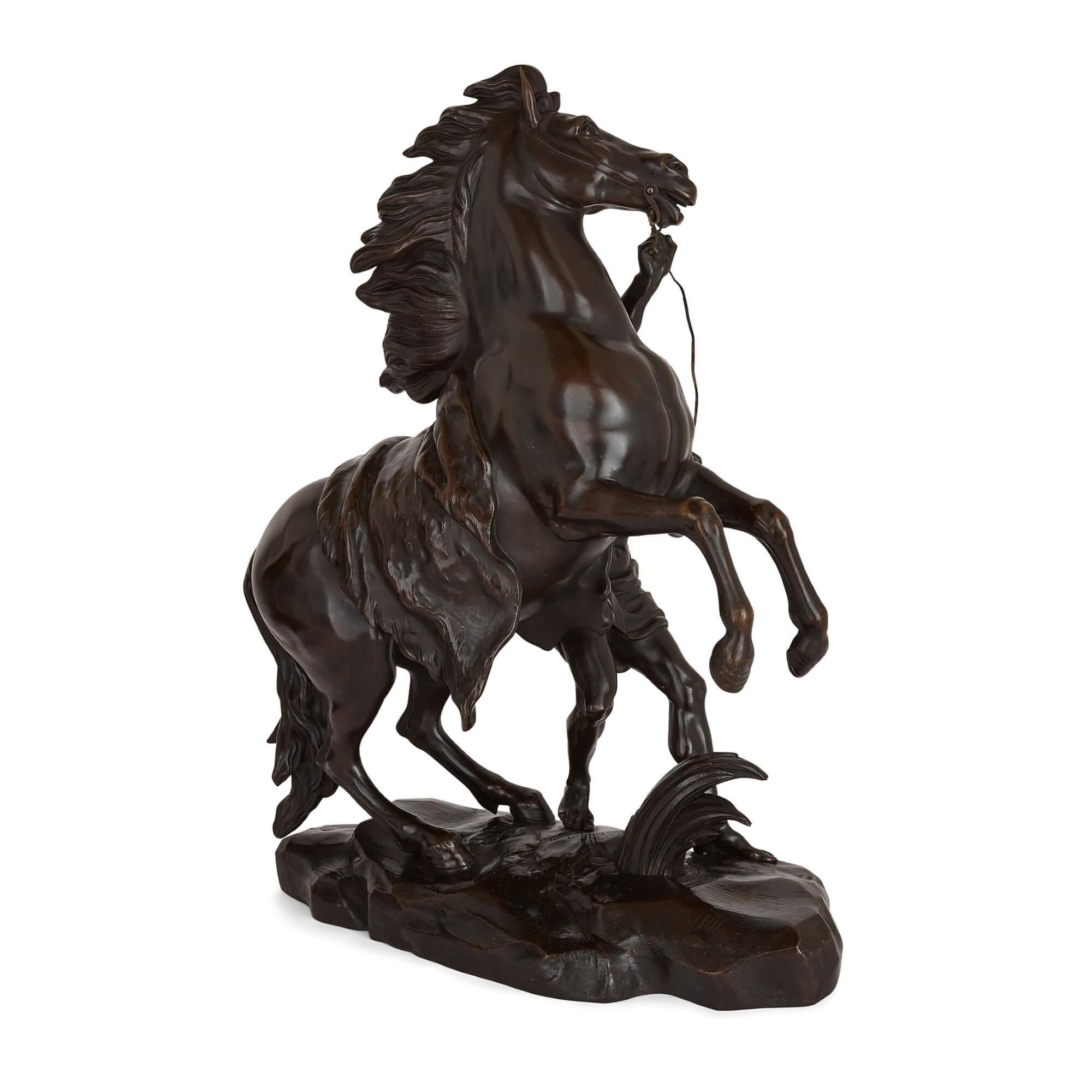 Pair of Bronze Marly Horses on Boulle Style Marquetry Stands In Good Condition For Sale In London, GB