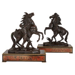 Pair of Bronze Marly Horses on Boulle Style Marquetry Stands