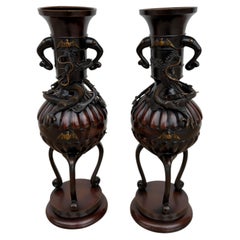 Coppia di vasi in bronzo in stile Meji raffiguranti draghi e pipistrelli
