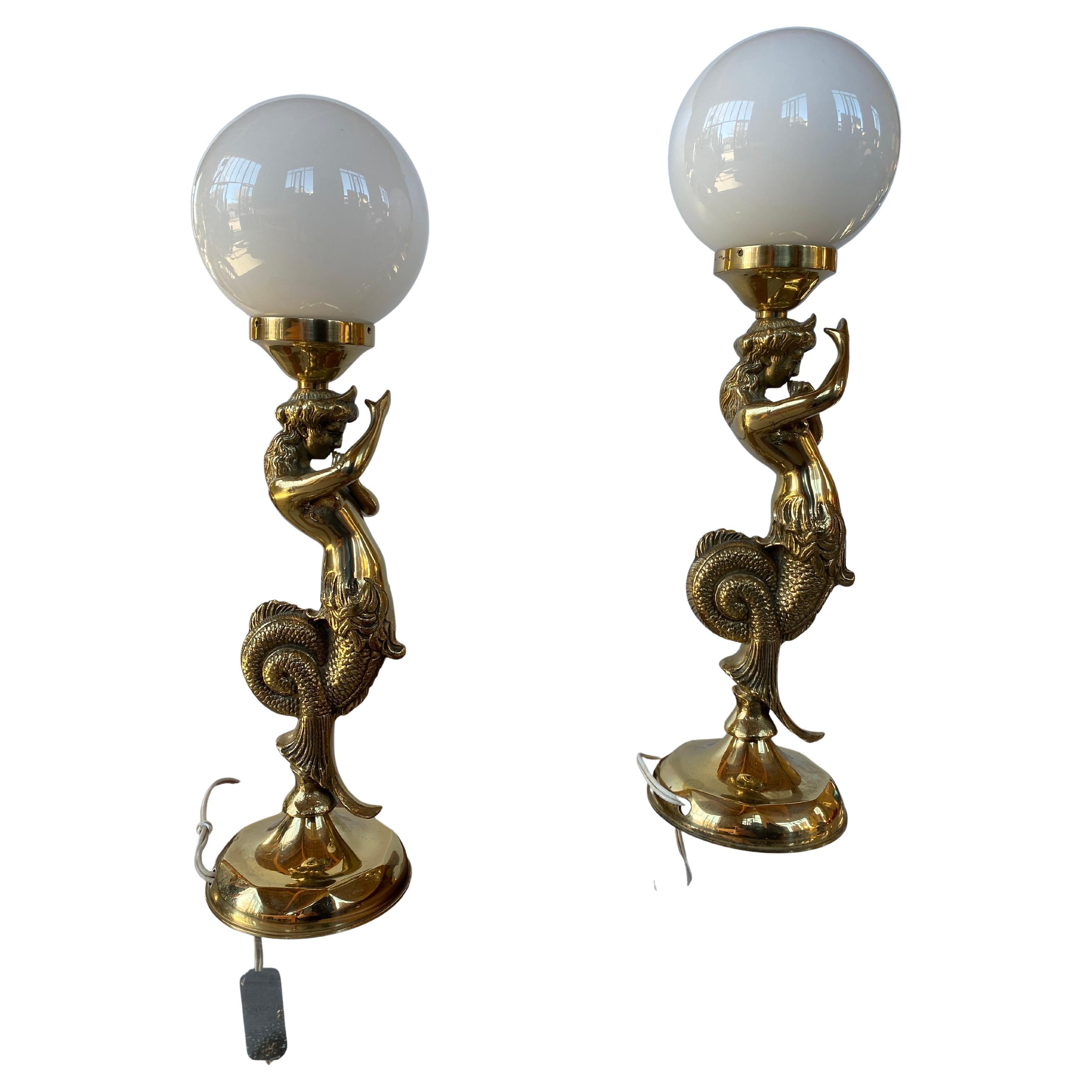 Pair of bronze mermaid lamps - 1920 For Sale