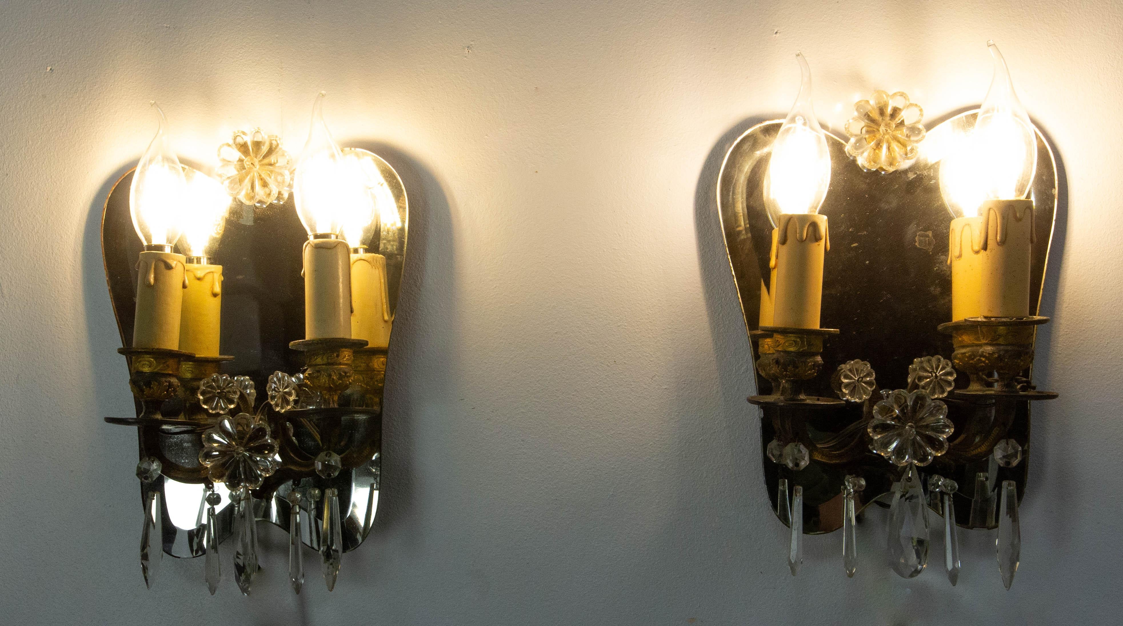French Pair of Bronze & Mirror Double Sconces From Louis XV Style circa 1960 For Sale