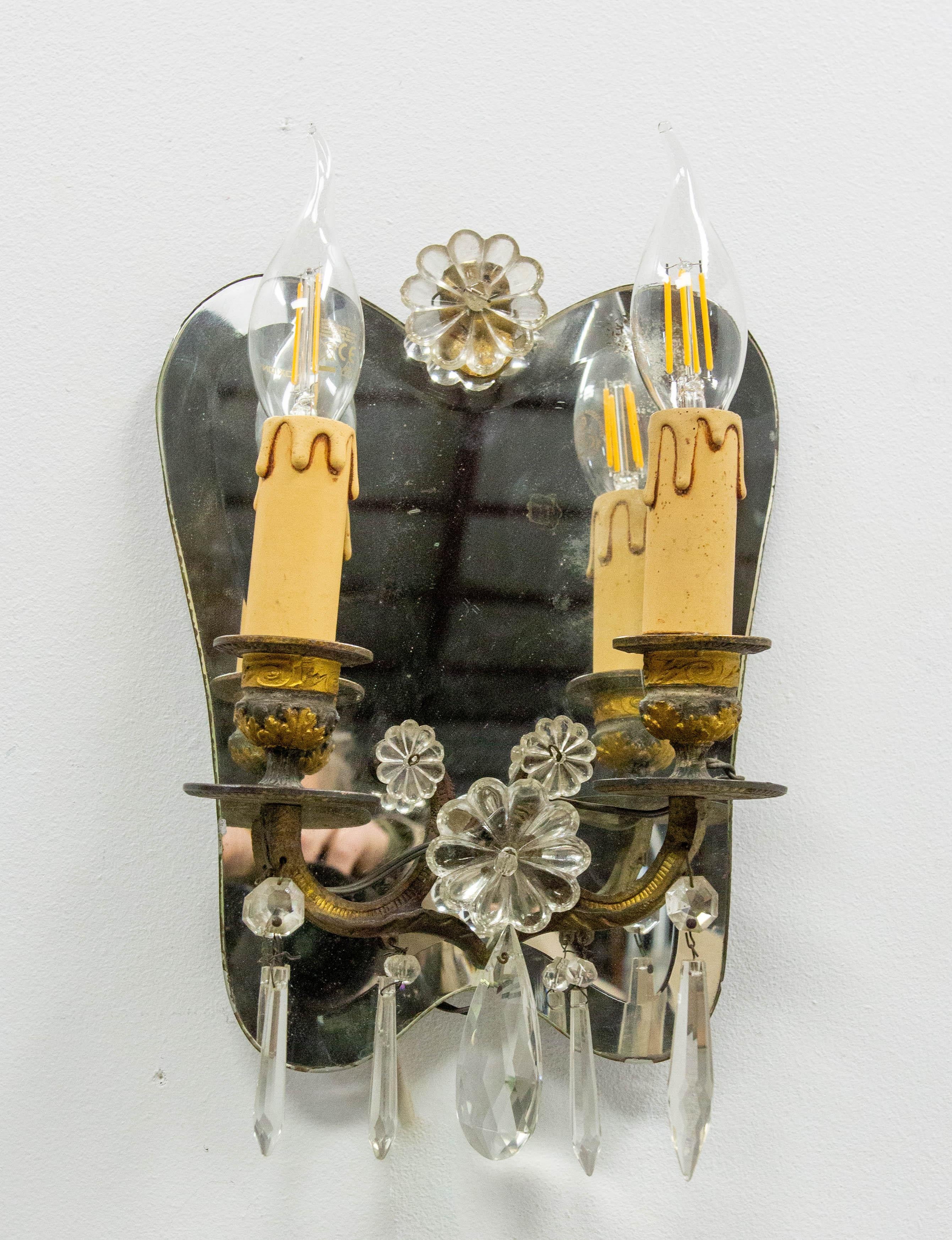 Pair of Bronze & Mirror Double Sconces From Louis XV Style circa 1960 In Good Condition For Sale In Labrit, Landes