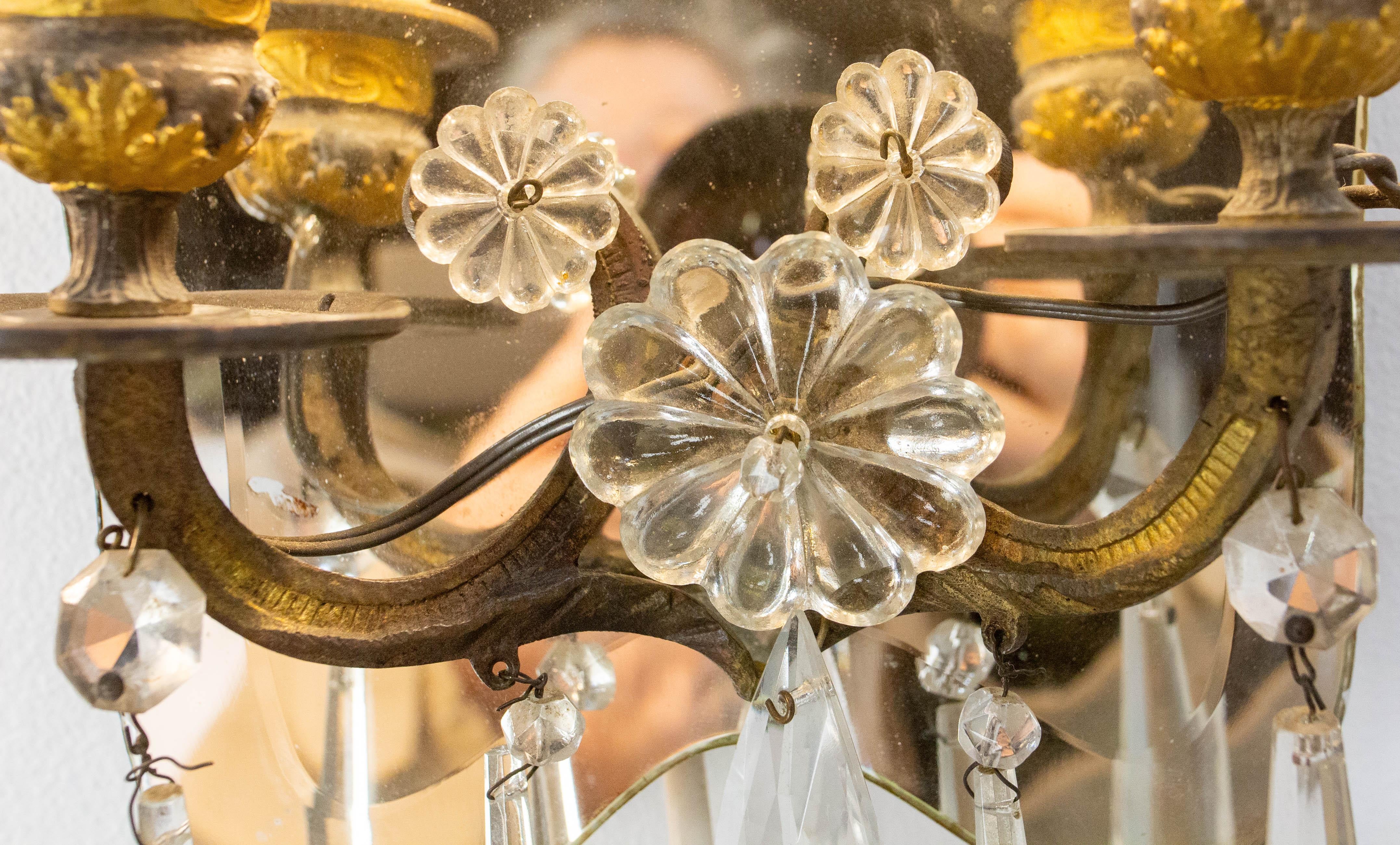Art Glass Pair of Bronze & Mirror Double Sconces From Louis XV Style circa 1960 For Sale