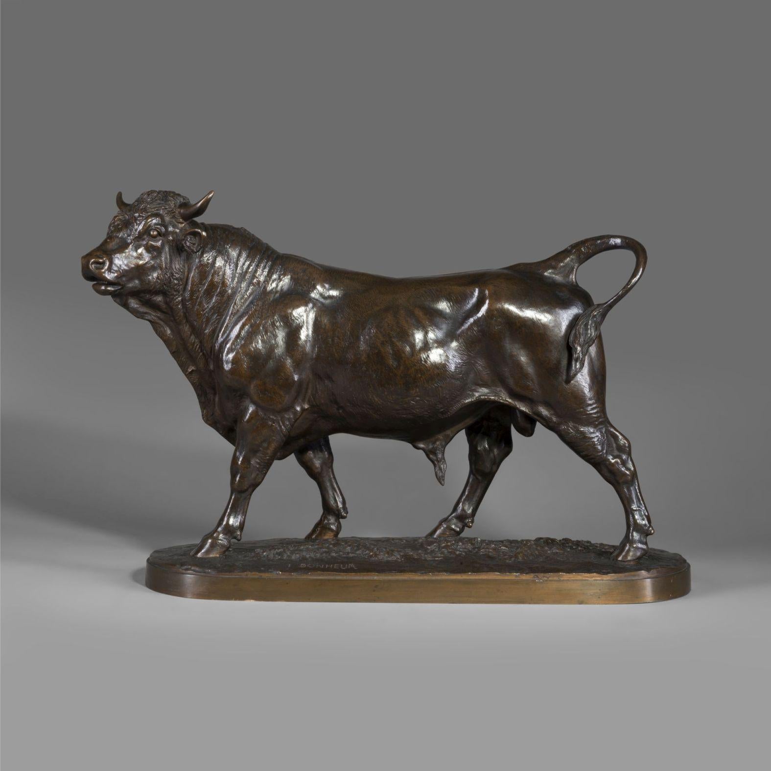 A pair of large and finely patinated bronze models of a standing bull and a running cow after models by Isidor-Jules Bonheur, Cast on a Naturalistic Base. 

French, circa 1890.

Signed 'I BONHEUR' and stamped 'PEYROL EDITEUR'.

Bonheur was a