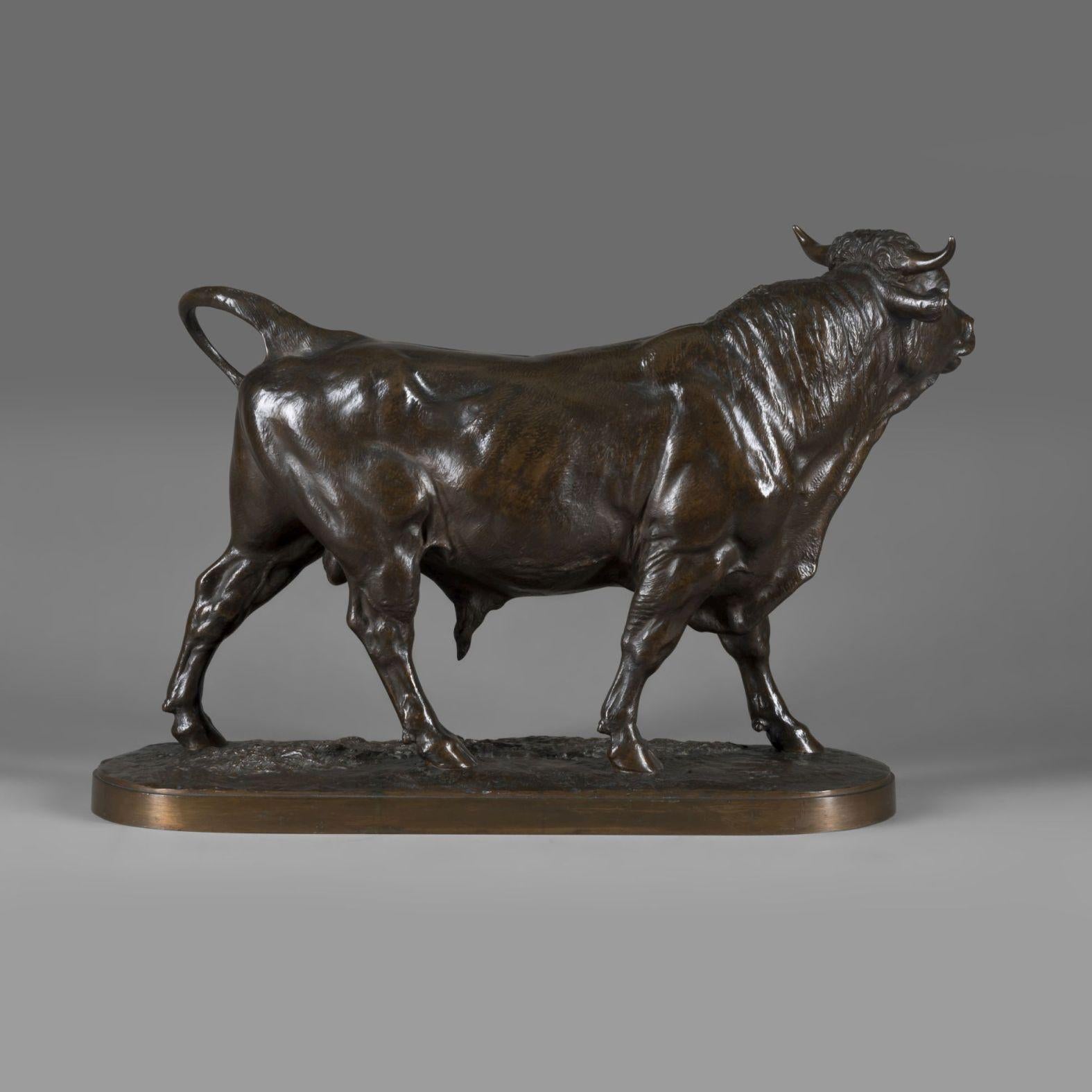 Français Paire de modèles en bronze d'un taureau debout et d'une vache en train de courir, vers 1890 en vente