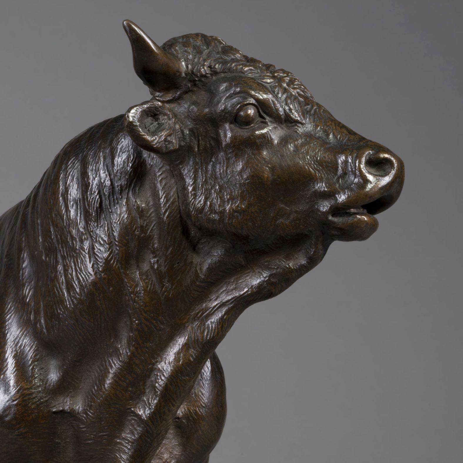 French Pair of Bronze Models of a Standing Bull and a Running Cow, circa 1890 For Sale